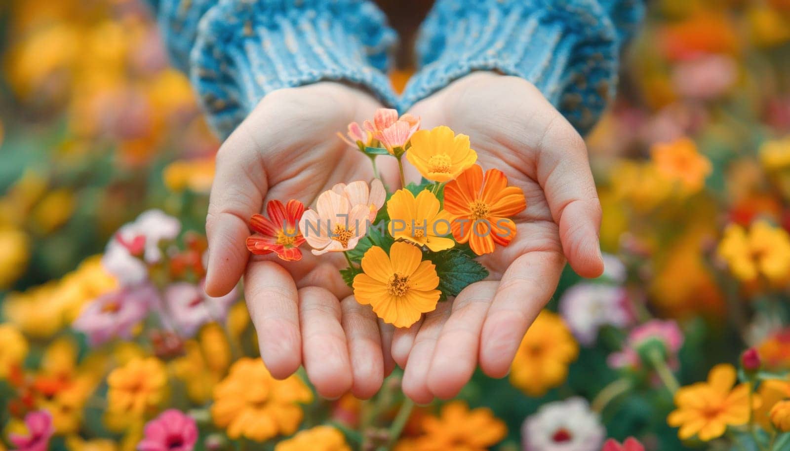 A person is standing in a field of flowers, holding a bunch of flowers in their hands, surrounded by nature and beauty