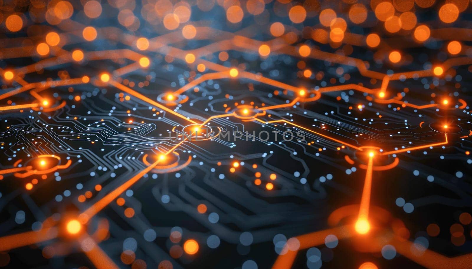 Circuit board emitting orange lights, not related to water, sky, atmosphere, or automotive lighting