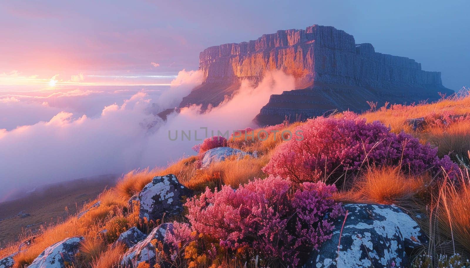 A stunning pink flowercovered mountain against a backdrop of the setting sun, creating a mesmerizing view