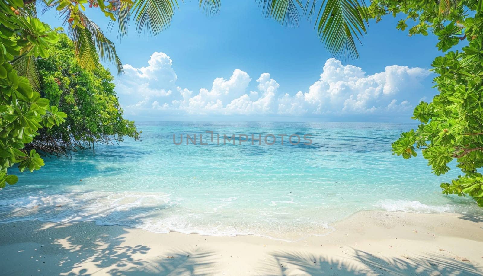 Palm trees and turquoise water create a serene tropical beach setting under a clear sky with fluffy clouds drifting by