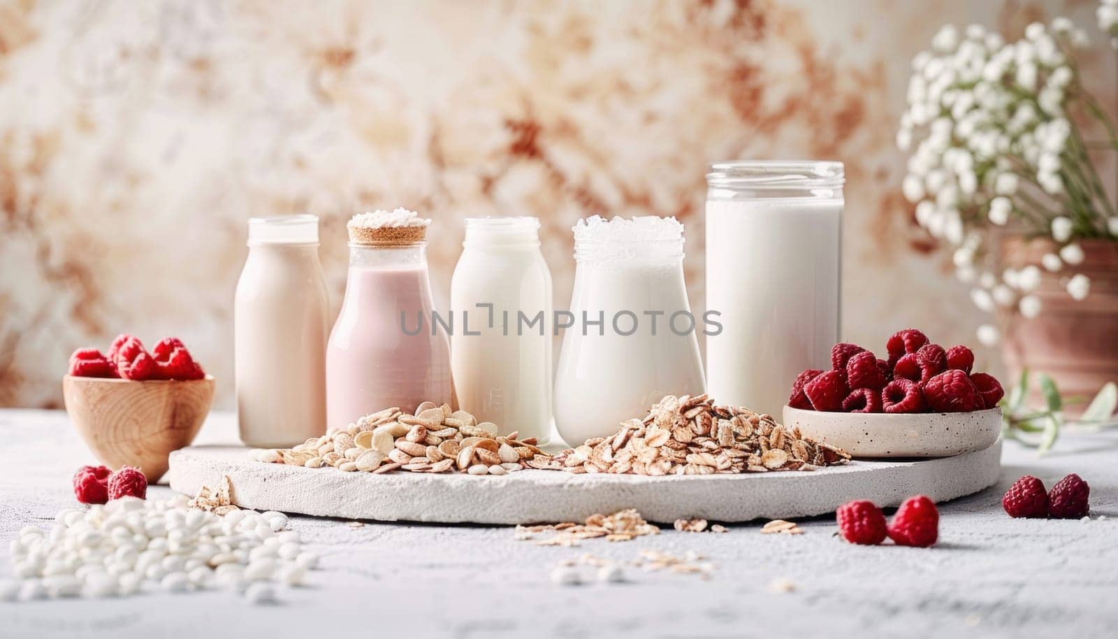 Various types of milk and yogurt are neatly arranged and presented on the table for a visually appealing display