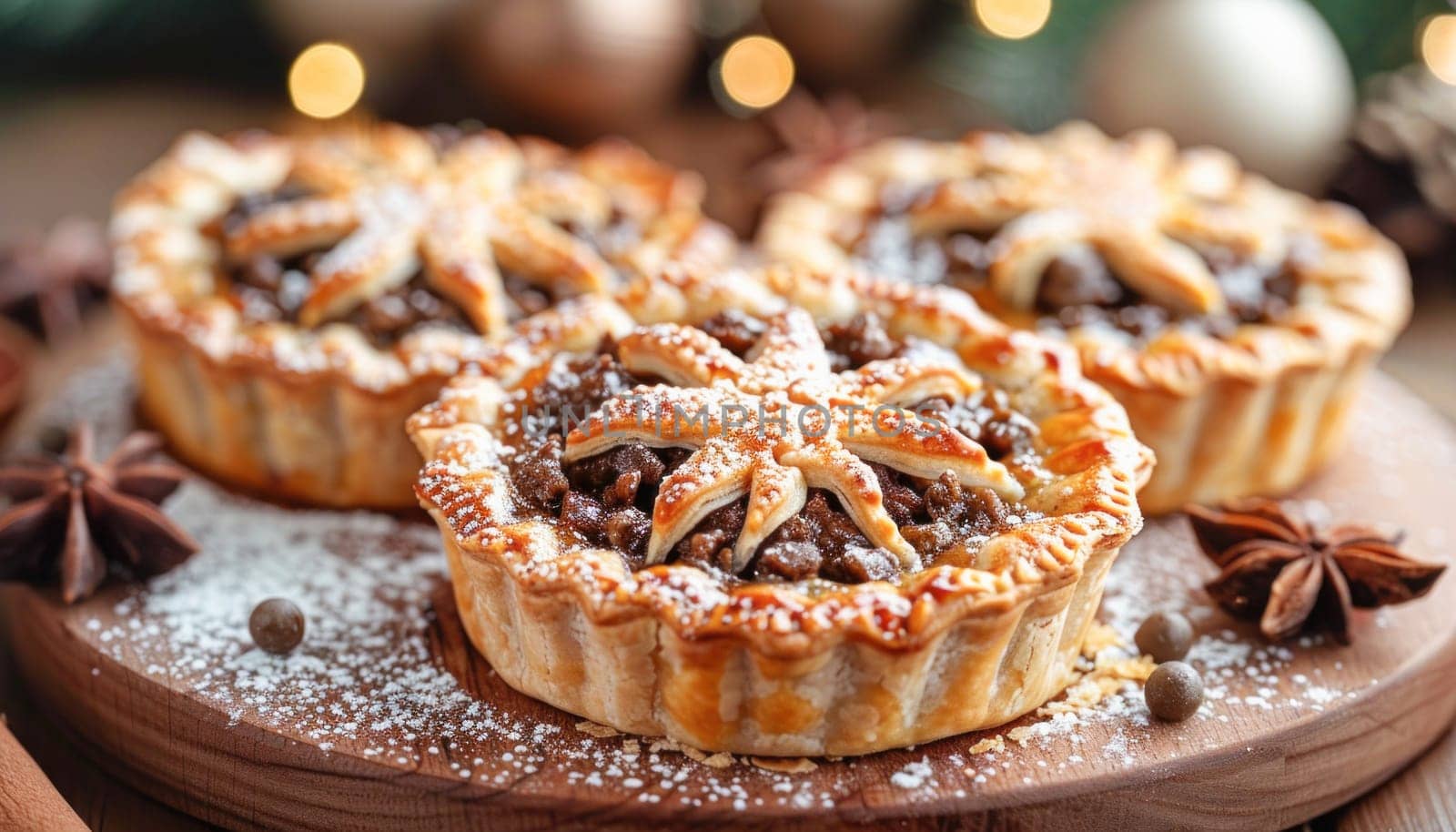 Three delicious mince pies are showcased on a rustic wooden cutting board, all set for a delightful indulgence