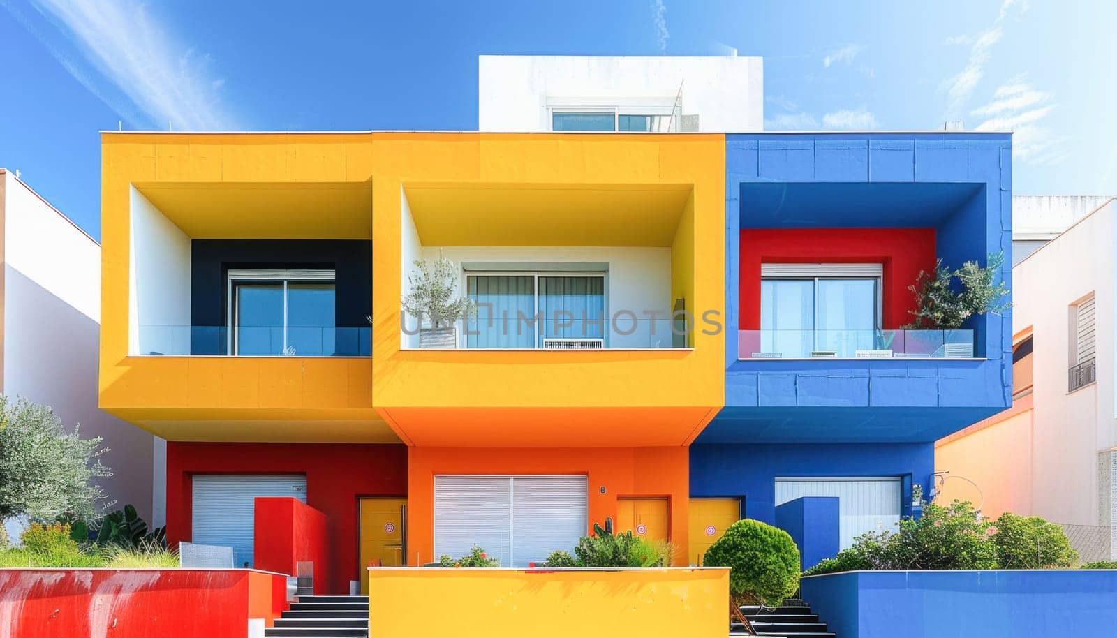 The house is picturesque with vivid yellow, red, and blue walls, and lovely balconies that add to its charm