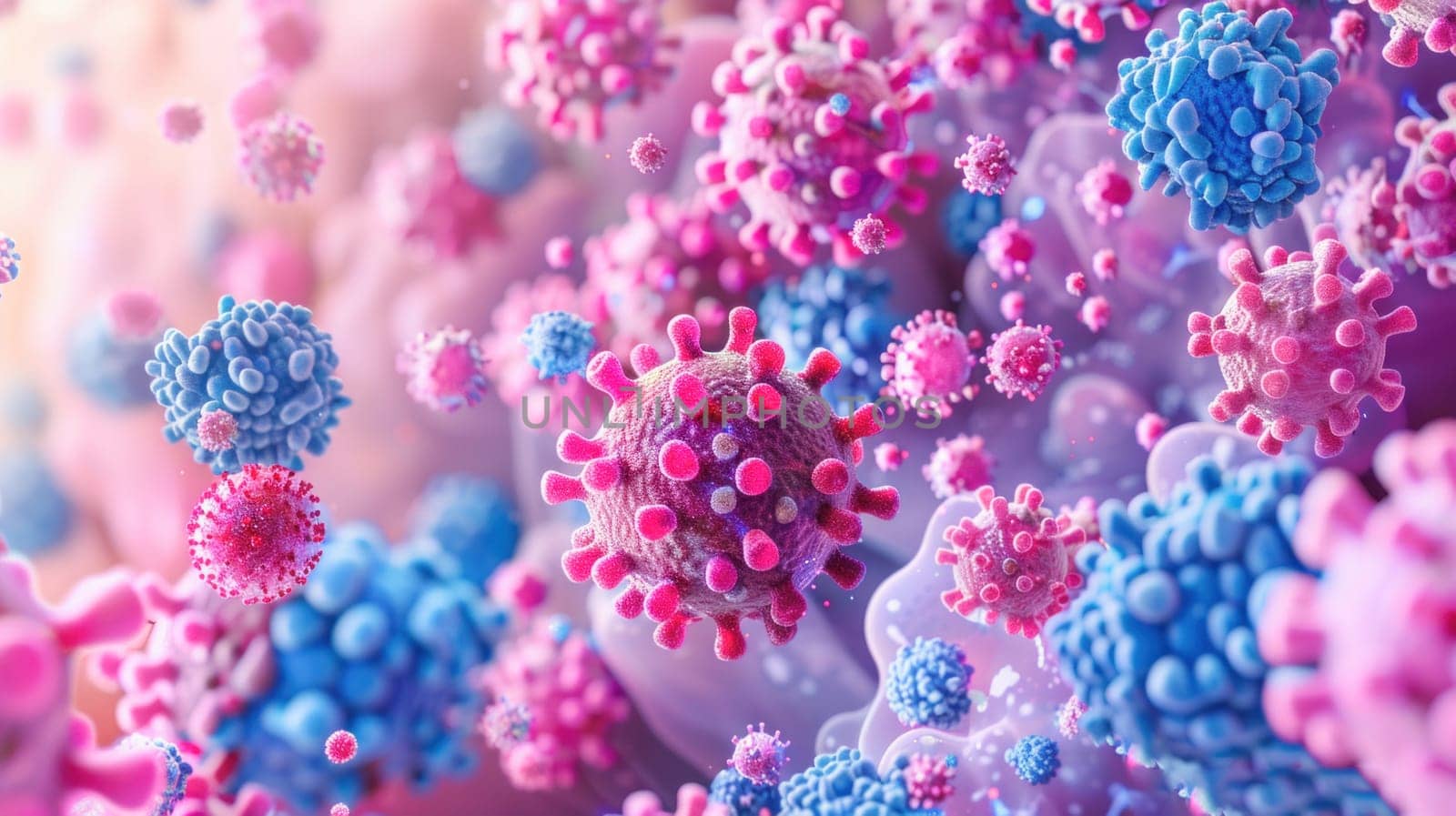 Digital artwork of pink and blue virus with keywords Flower, Plant, Creative arts, Pink, Art, Flowering plant