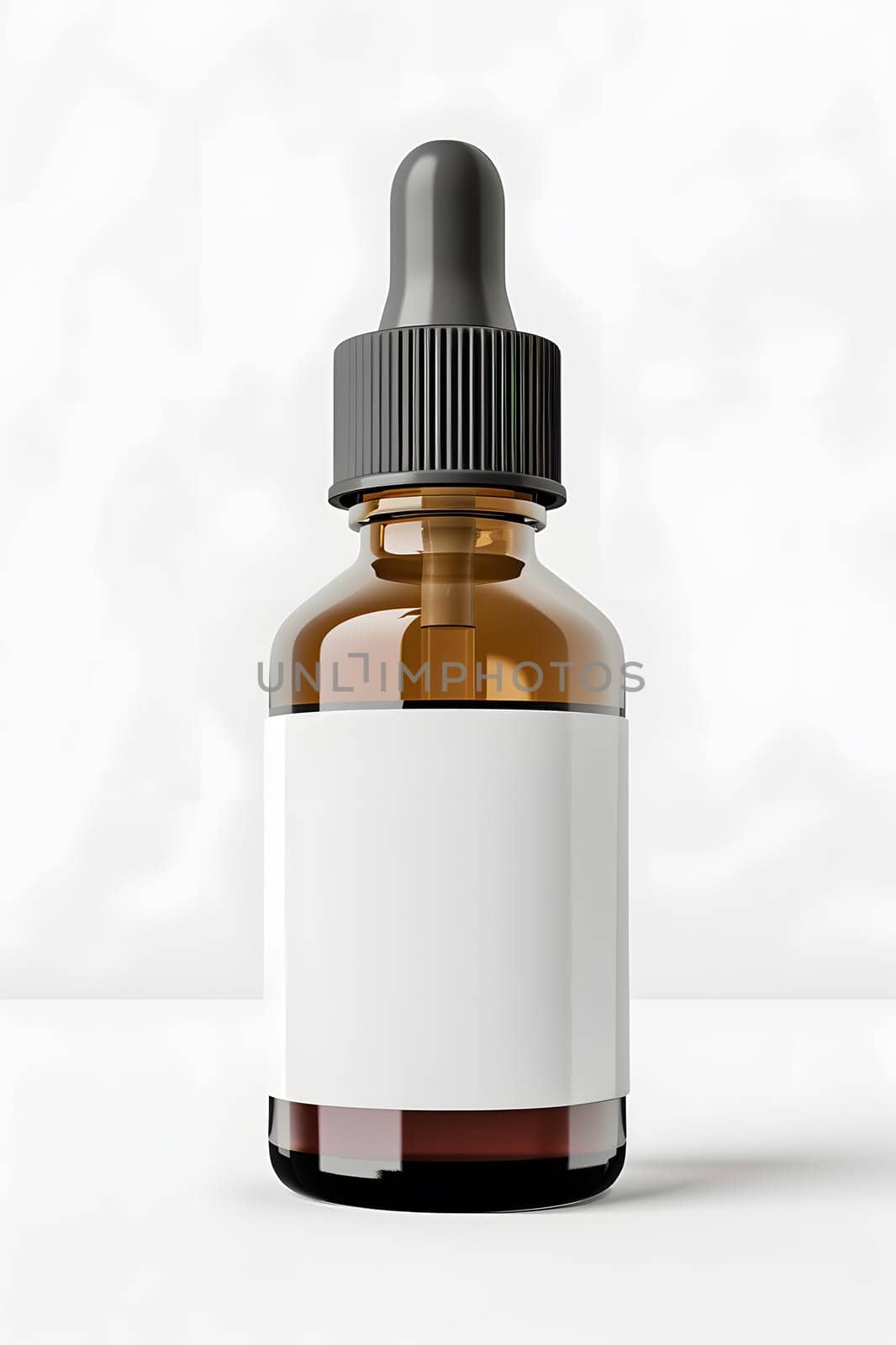 Brown glass bottle with dropper and white label, containing liquid cosmetics or plant extract. The fluid inside can be a solvent, drink, or tinted mixture of different shades