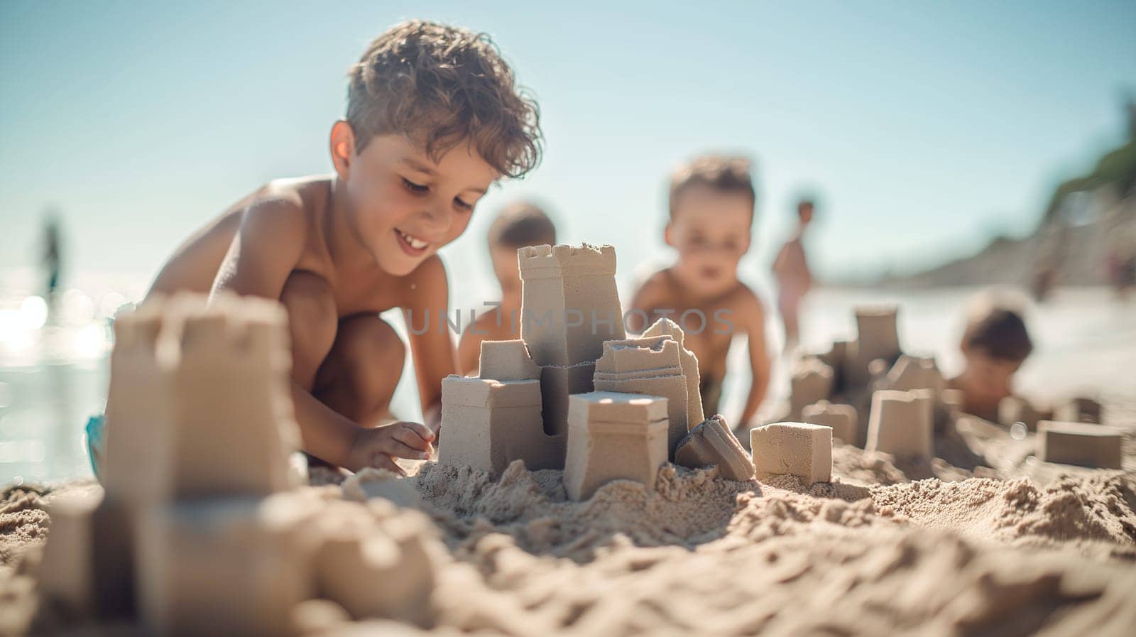 A young boy is engrossed in shaping a sandcastle with careful attention, surrounded by other children on a vibrant beach under a clear sky - Generative AI