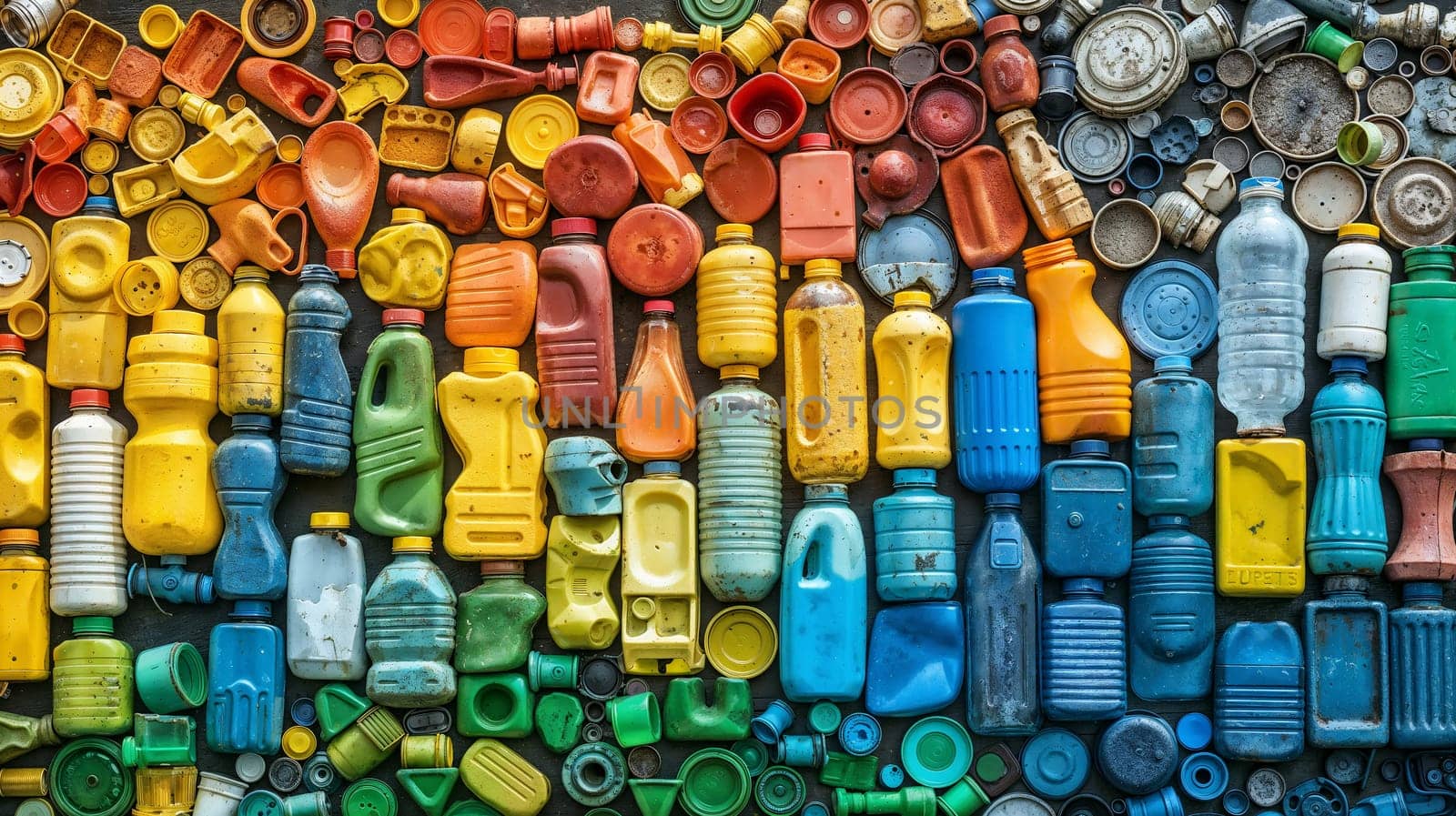 A vibrant collection of assorted plastic containers and closures, showcasing the variety of plastic waste typically destined for recycling.