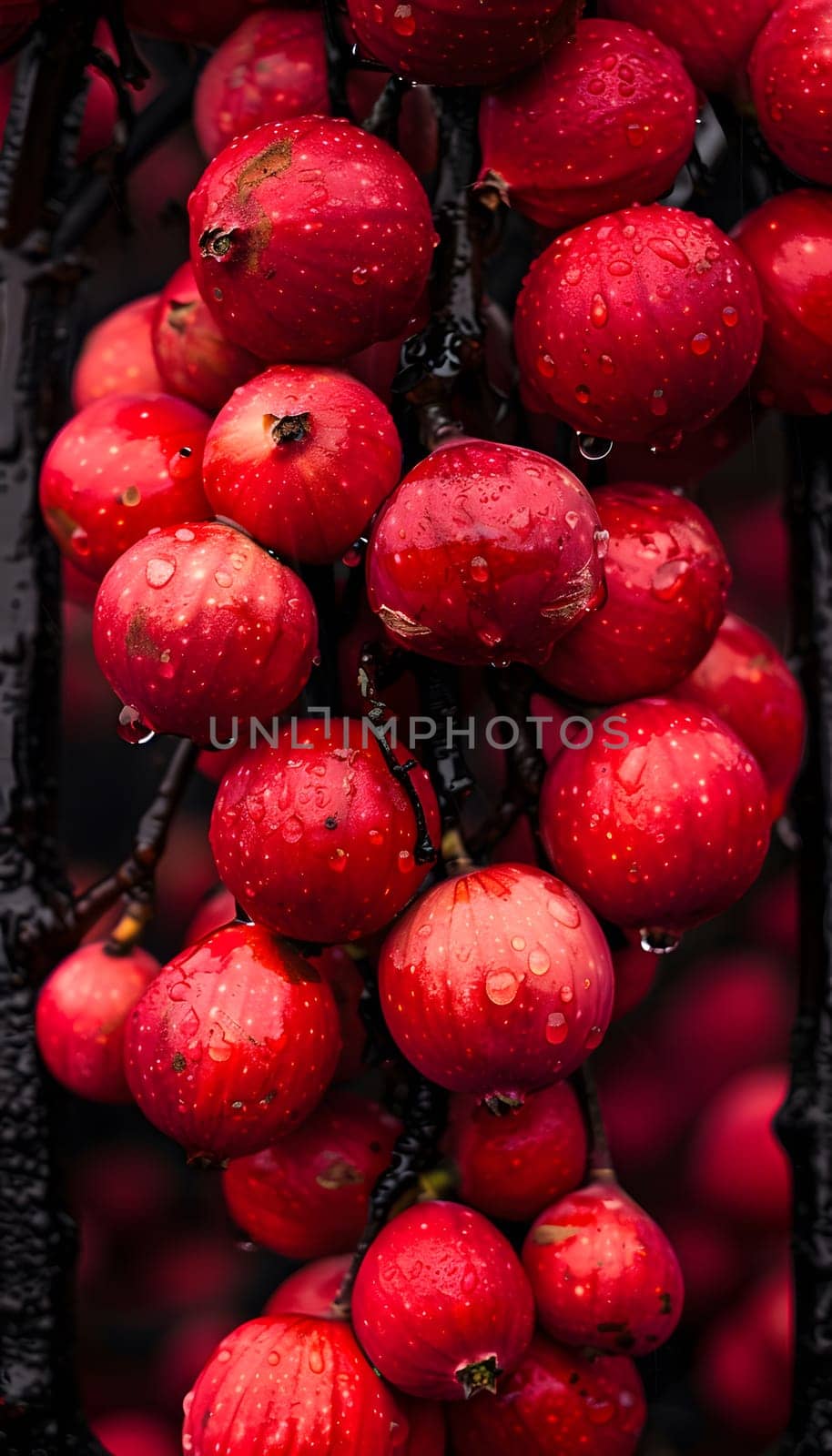 A cluster of vibrant red apples dangles from a tree branch, showcasing natures bounty of seedless fruit. These superfoods are delicious and nutritious ingredients for natural foods and recipes