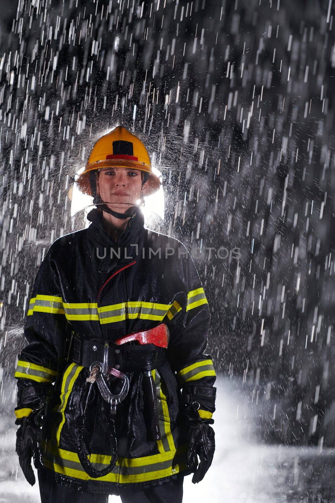 A determined female firefighter in a professional uniform striding through the dangerous, rainy night on a daring rescue mission, showcasing her unwavering bravery and commitment to saving lives