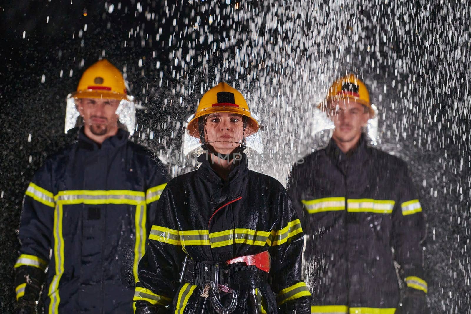 A group of professional firefighters marching through the rainy night on a rescue mission, their determined strides and fearless expressions reflecting their unwavering bravery and unwavering commitment to saving lives