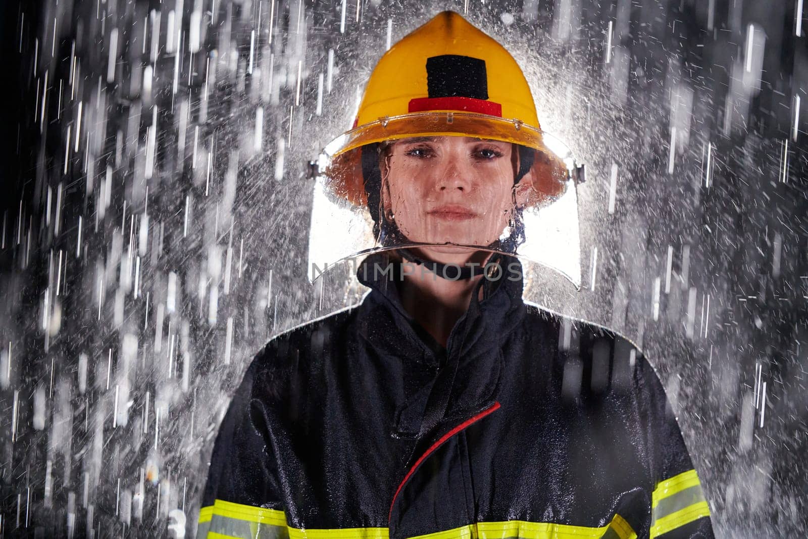 A determined female firefighter in a professional uniform striding through the dangerous, rainy night on a daring rescue mission, showcasing her unwavering bravery and commitment to saving lives