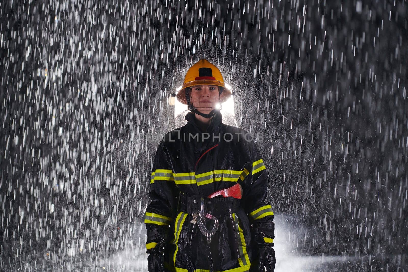 A determined female firefighter in a professional uniform striding through the dangerous, rainy night on a daring rescue mission, showcasing her unwavering bravery and commitment to saving lives