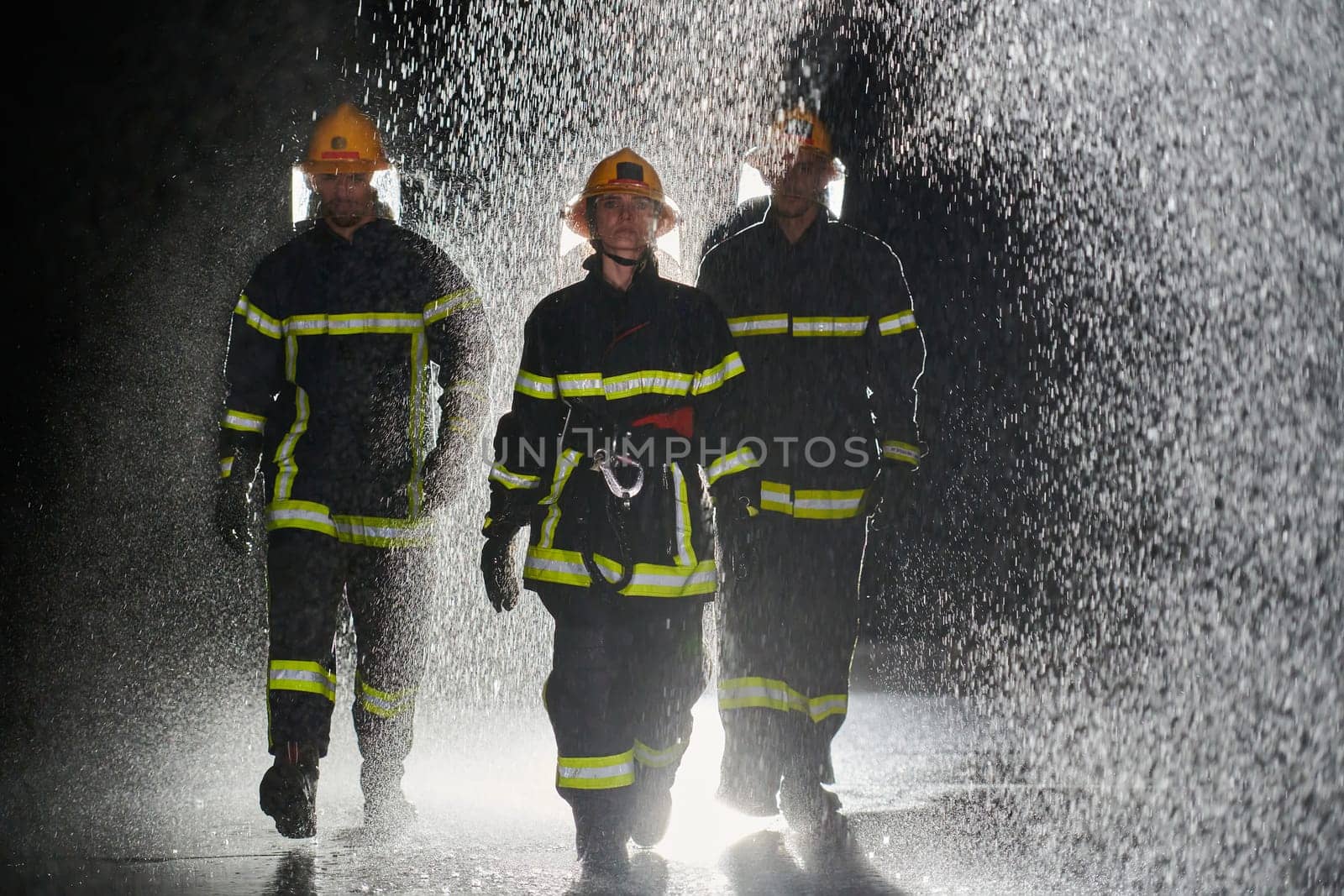 A group of professional firefighters marching through the rainy night on a rescue mission, their determined strides and fearless expressions reflecting their unwavering bravery and unwavering commitment to saving lives