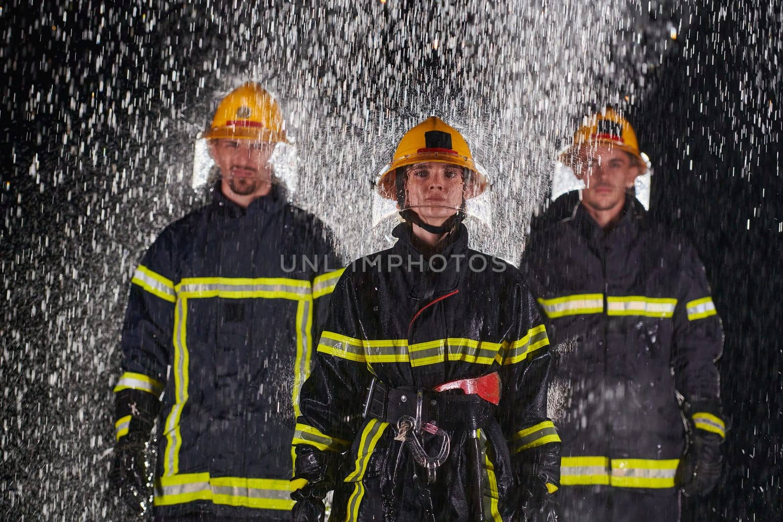 A group of professional firefighters marching through the rainy night on a rescue mission, their determined strides and fearless expressions reflecting their unwavering bravery and unwavering commitment to saving lives