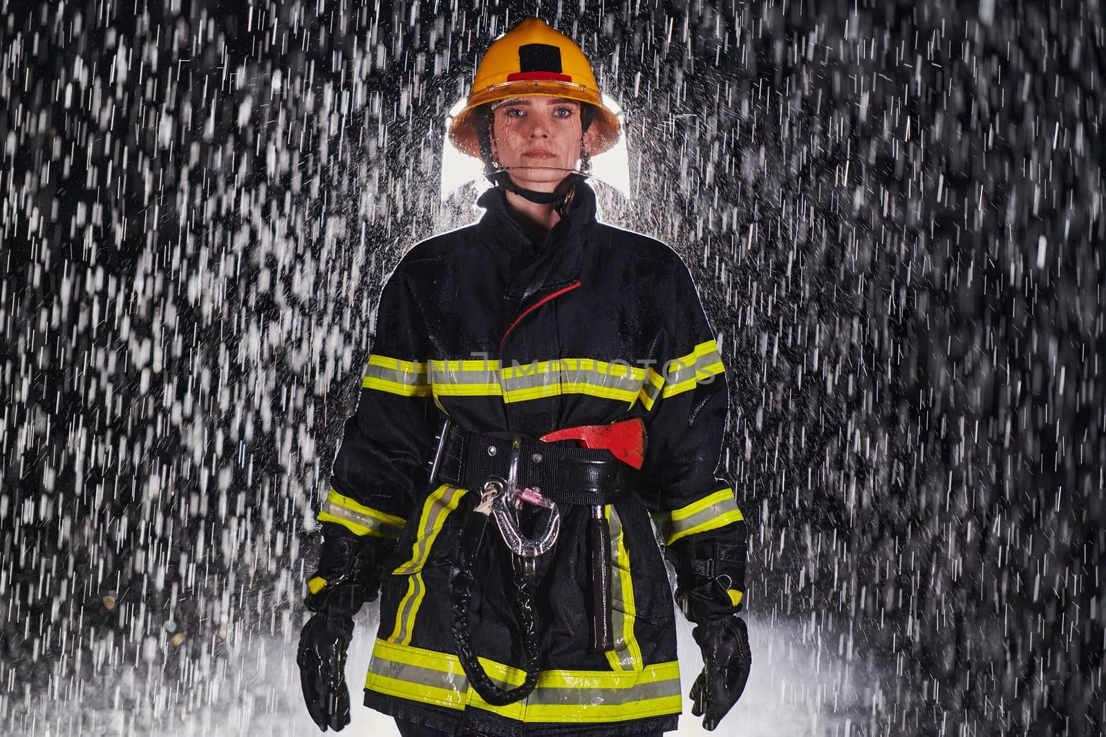 A determined female firefighter in a professional uniform striding through the dangerous, rainy night on a daring rescue mission, showcasing her unwavering bravery and commitment to saving lives. by dotshock