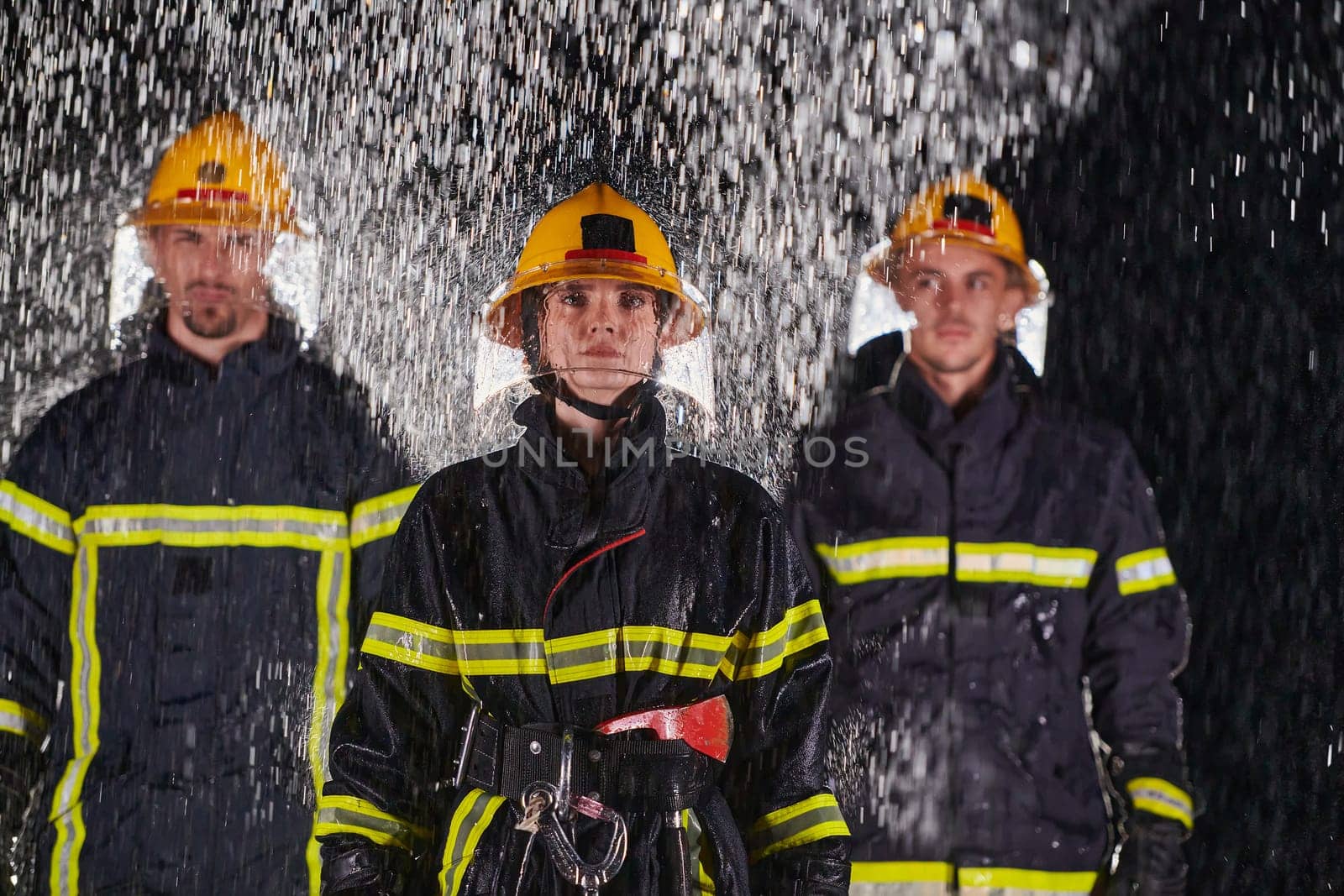 A group of professional firefighters marching through the rainy night on a rescue mission, their determined strides and fearless expressions reflecting their unwavering bravery and unwavering commitment to saving lives