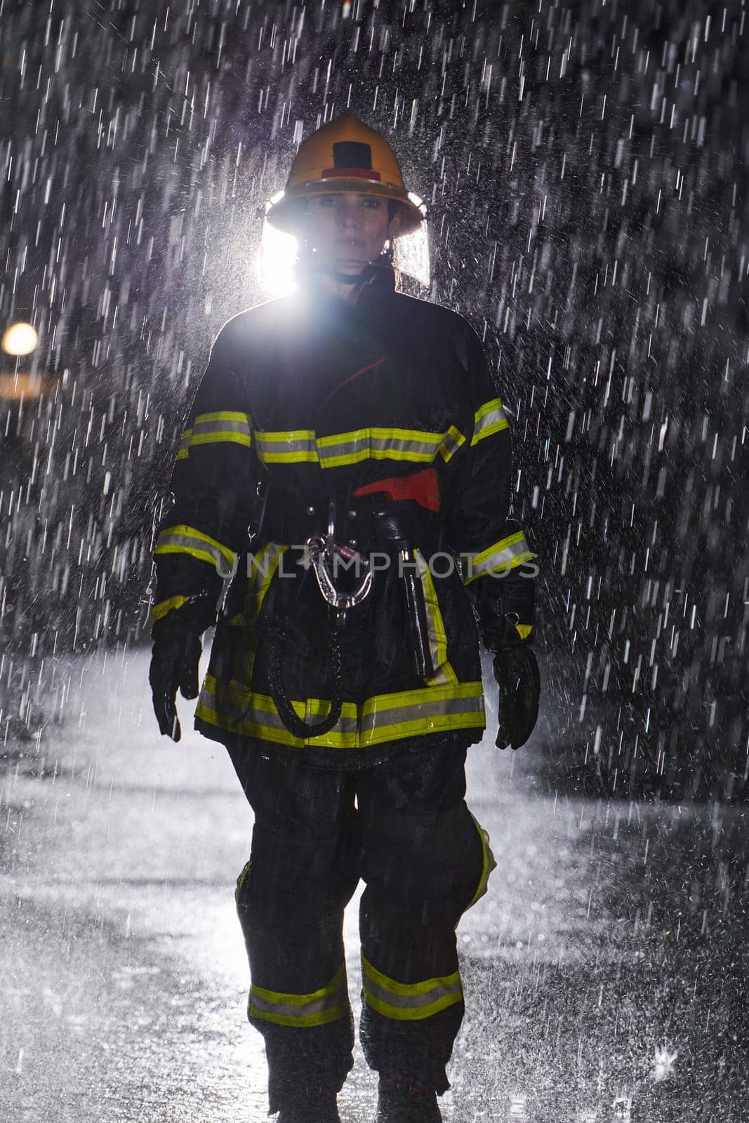 A determined female firefighter in a professional uniform striding through the dangerous, rainy night on a daring rescue mission, showcasing her unwavering bravery and commitment to saving lives. by dotshock