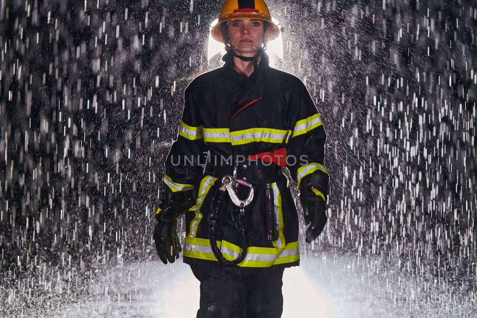 A determined female firefighter in a professional uniform striding through the dangerous, rainy night on a daring rescue mission, showcasing her unwavering bravery and commitment to saving lives