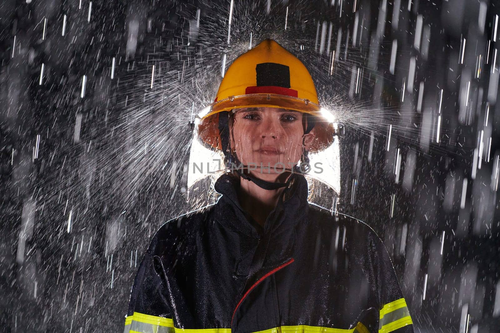 A determined female firefighter in a professional uniform striding through the dangerous, rainy night on a daring rescue mission, showcasing her unwavering bravery and commitment to saving lives