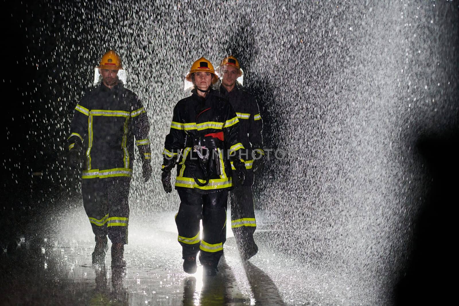 A group of professional firefighters marching through the rainy night on a rescue mission, their determined strides and fearless expressions reflecting their unwavering bravery and unwavering commitment to saving lives