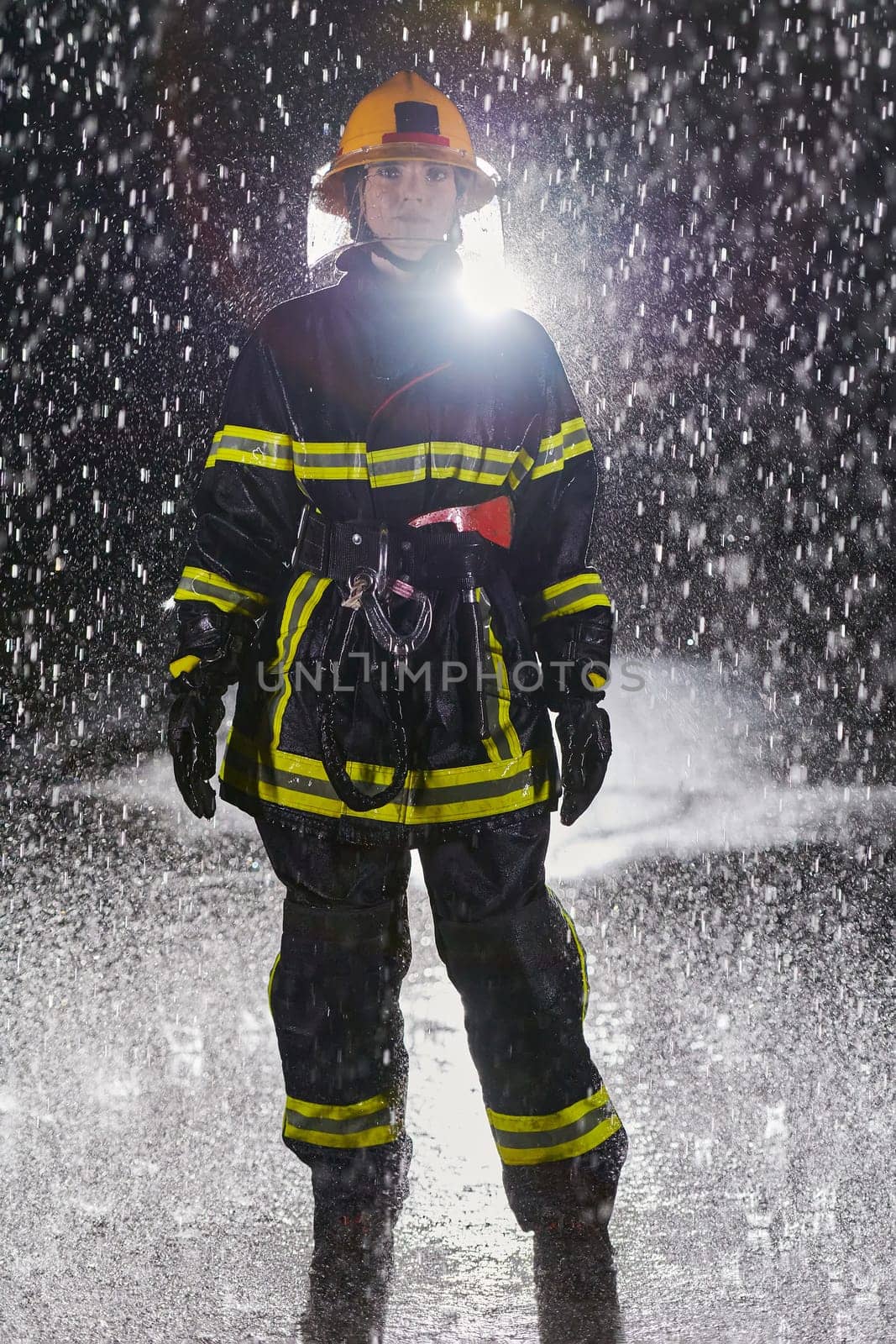 A determined female firefighter in a professional uniform striding through the dangerous, rainy night on a daring rescue mission, showcasing her unwavering bravery and commitment to saving lives