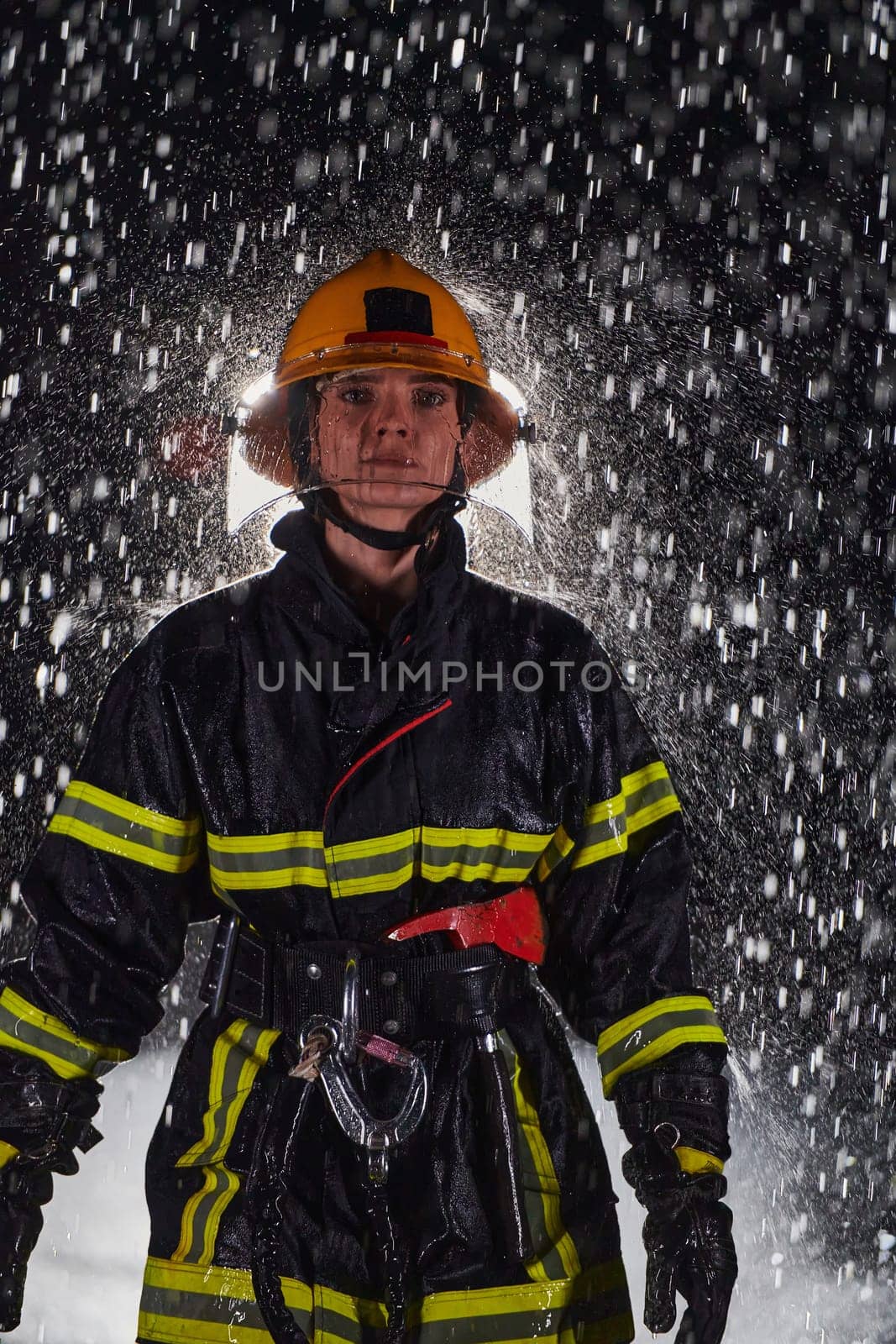 A determined female firefighter in a professional uniform striding through the dangerous, rainy night on a daring rescue mission, showcasing her unwavering bravery and commitment to saving lives