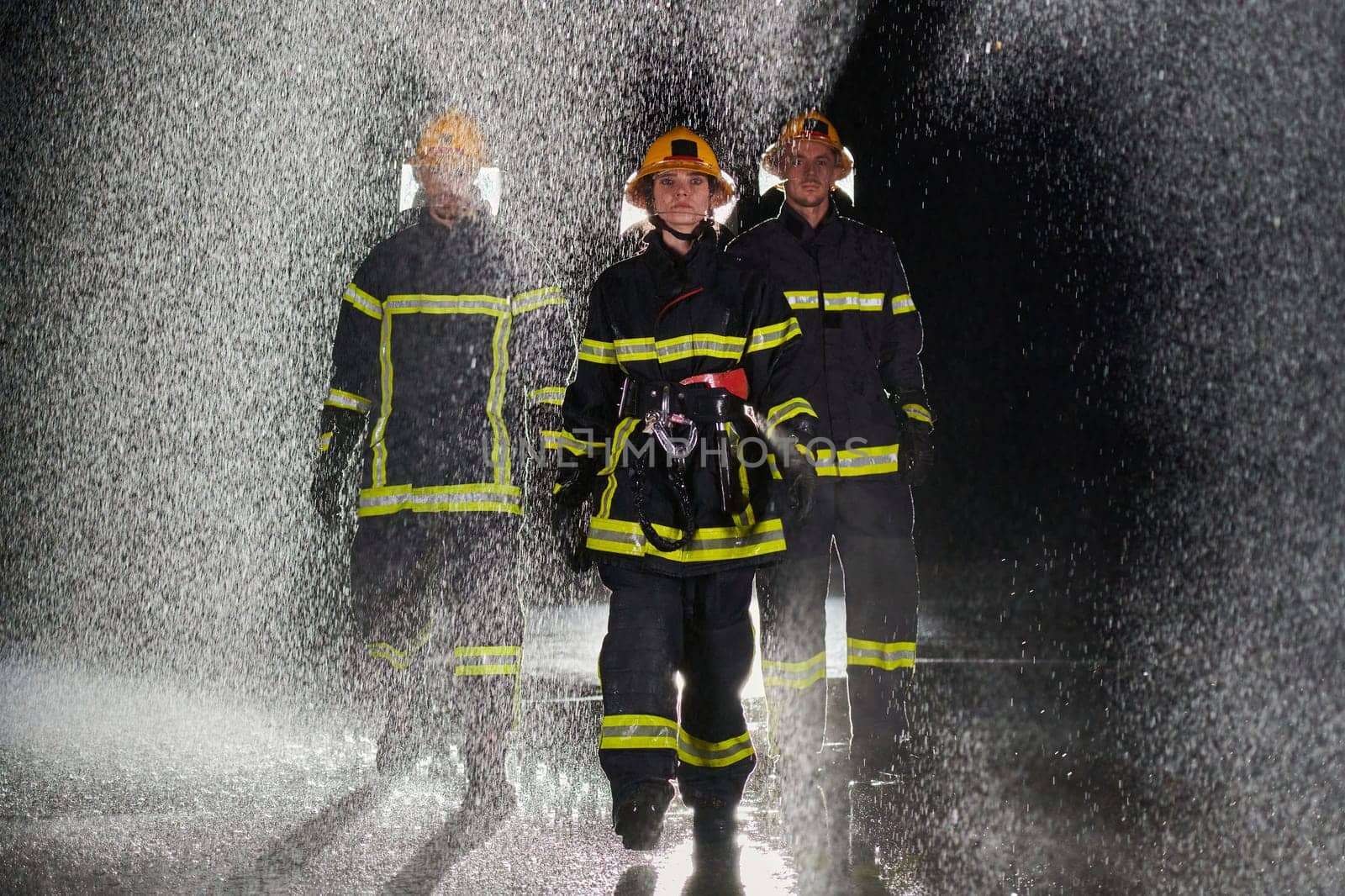 A group of professional firefighters marching through the rainy night on a rescue mission, their determined strides and fearless expressions reflecting their unwavering bravery and unwavering commitment to saving lives