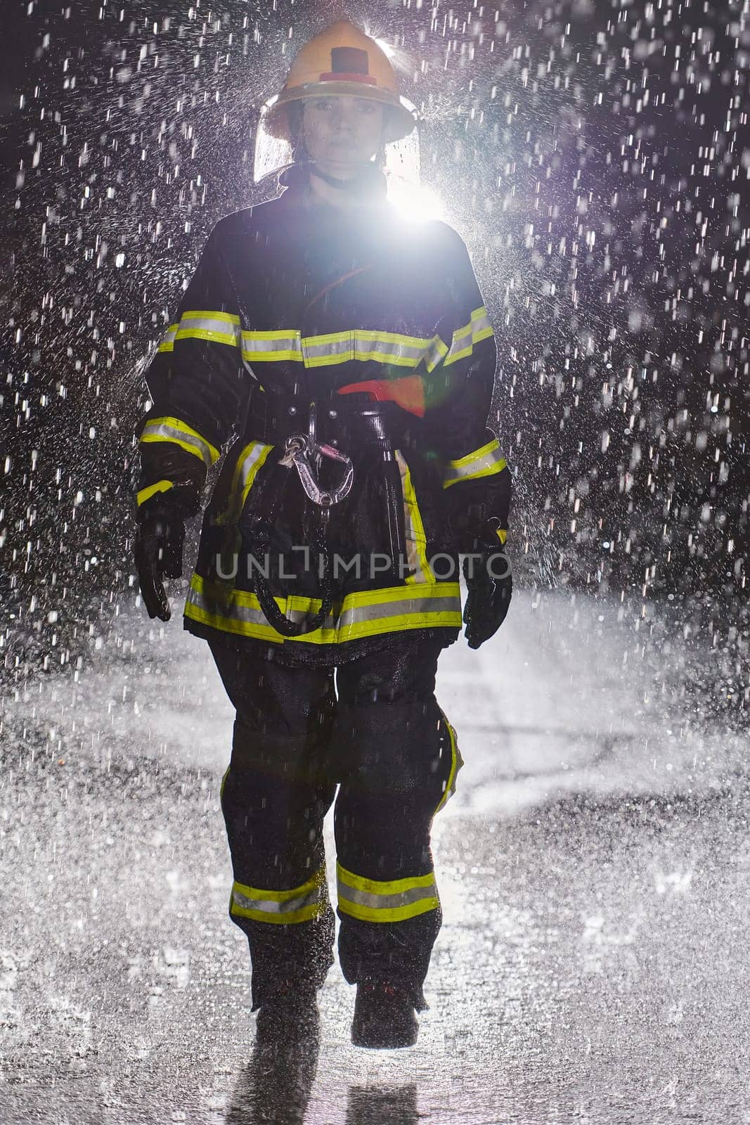 A determined female firefighter in a professional uniform striding through the dangerous, rainy night on a daring rescue mission, showcasing her unwavering bravery and commitment to saving lives