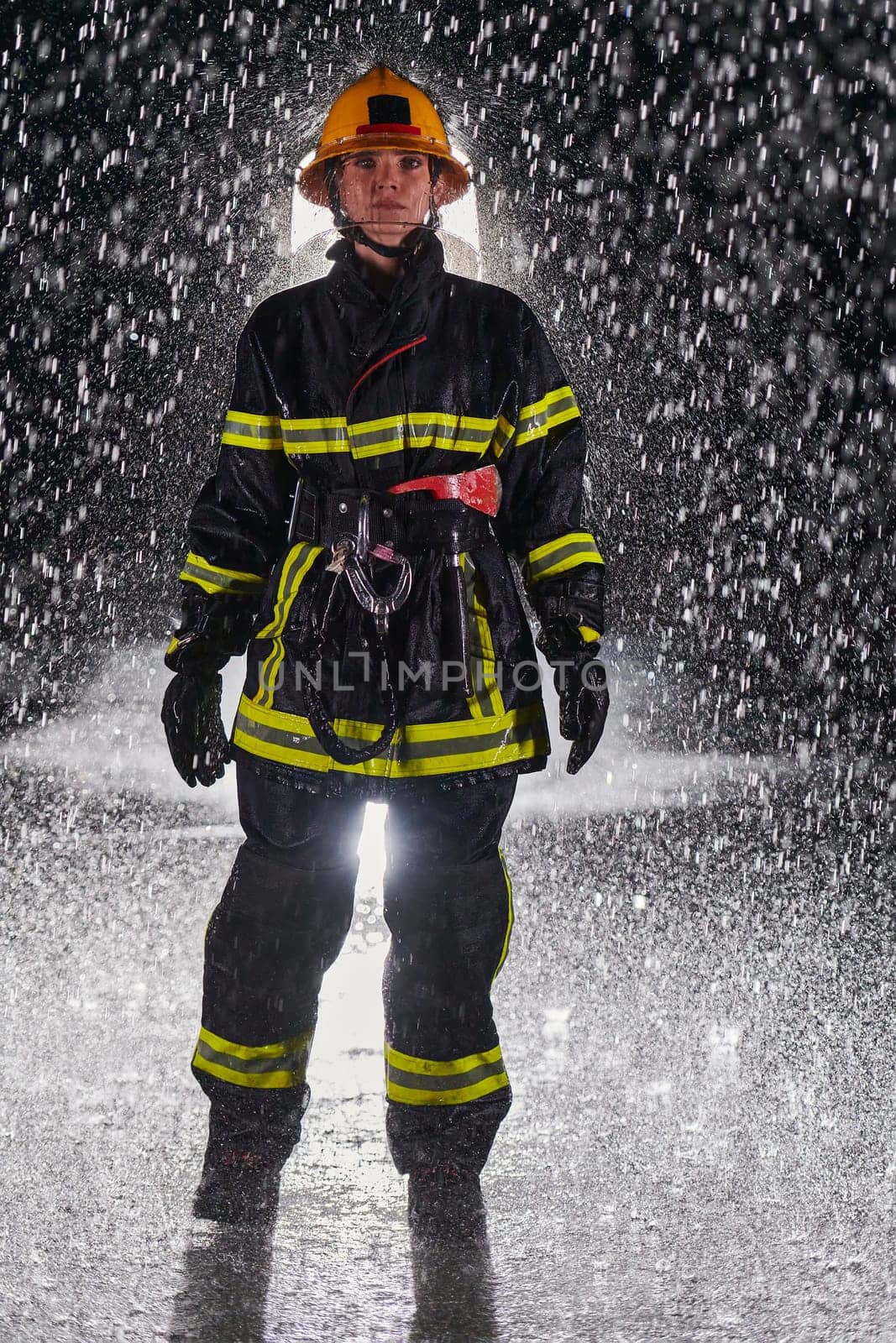 A determined female firefighter in a professional uniform striding through the dangerous, rainy night on a daring rescue mission, showcasing her unwavering bravery and commitment to saving lives