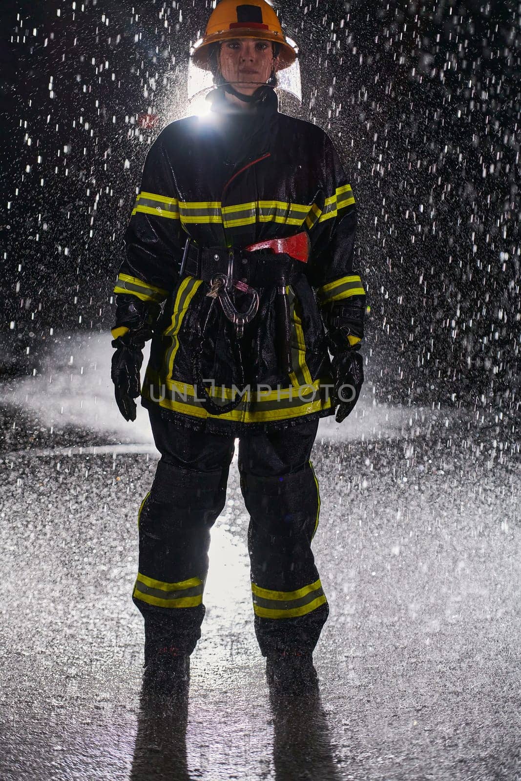 A determined female firefighter in a professional uniform striding through the dangerous, rainy night on a daring rescue mission, showcasing her unwavering bravery and commitment to saving lives