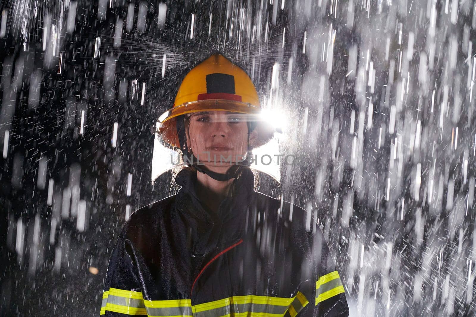 A determined female firefighter in a professional uniform striding through the dangerous, rainy night on a daring rescue mission, showcasing her unwavering bravery and commitment to saving lives