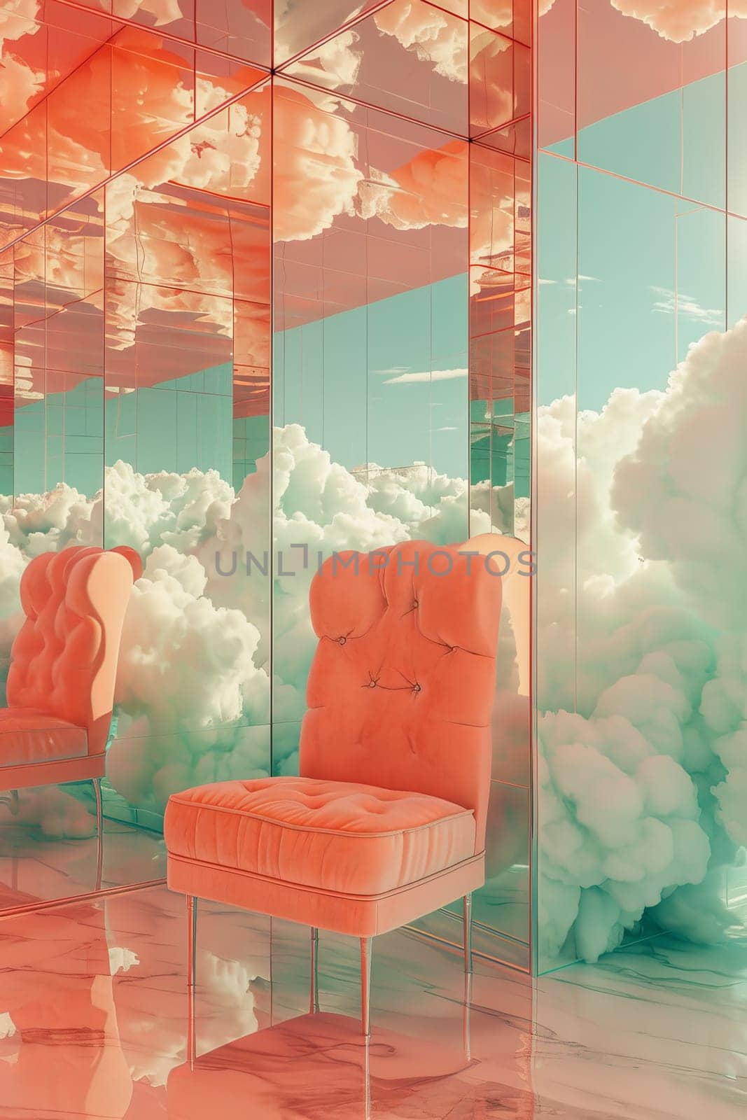 A room with a chair and a mirror. The room is filled with clouds and the chair is the only object in the room