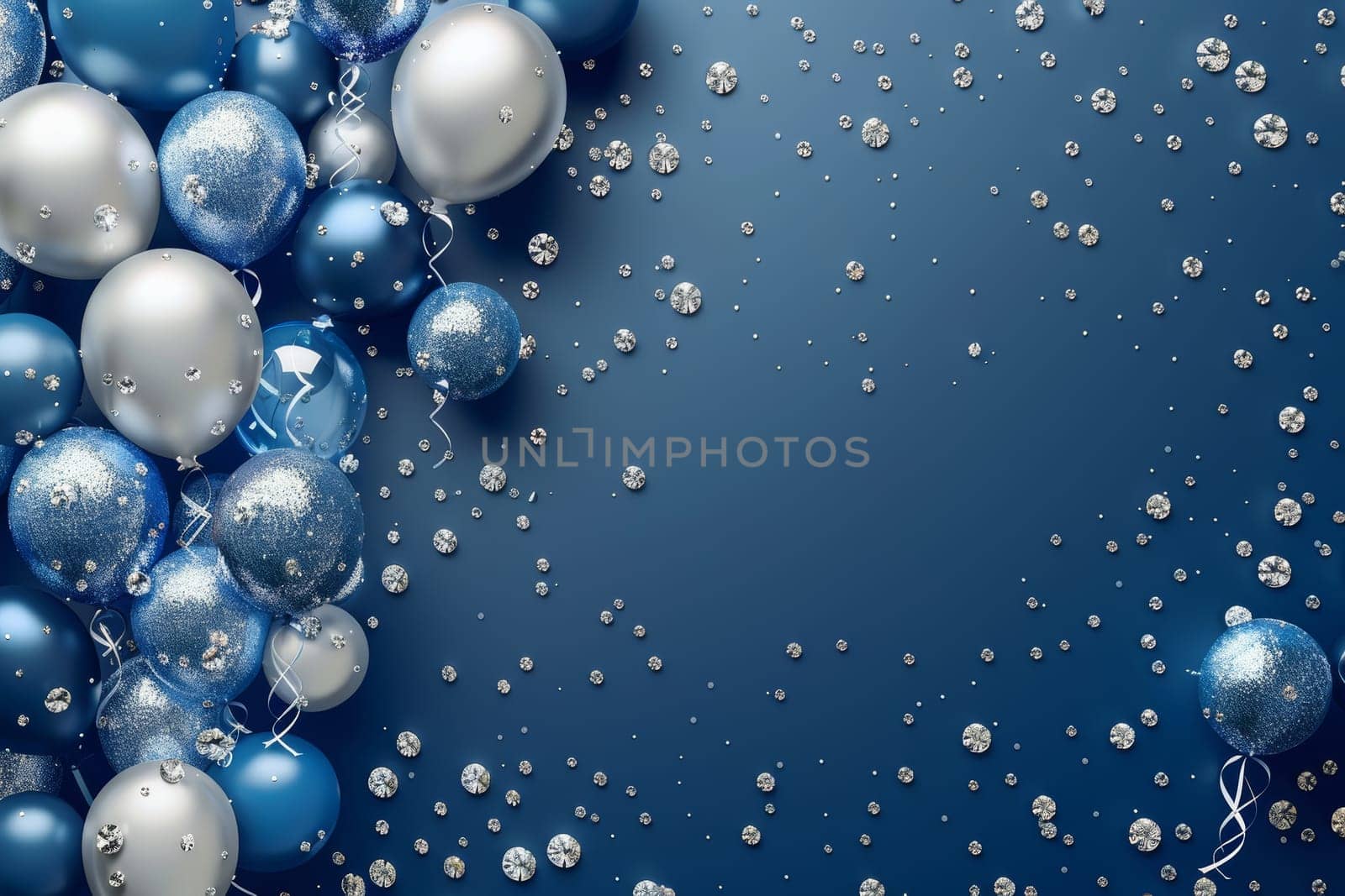 A blue and silver balloon display with a blue background. The balloons are scattered around the background, creating a festive atmosphere