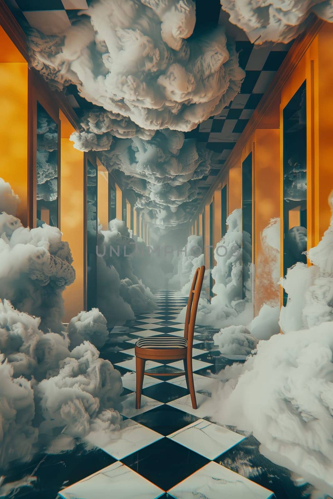 A chair is sitting in a room with a lot of smoke and clouds. The chair is the only object in the room, and it is the only thing that is not affected by the smoke and clouds