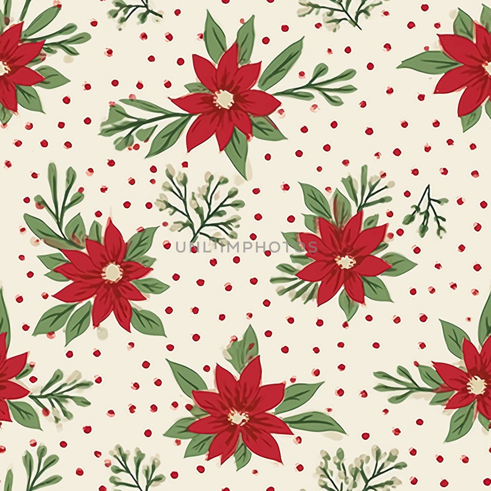 Seamless pattern, tileable Christmas holiday floral country dots print, English countryside flowers for wallpaper, wrapping paper, scrapbook, fabric and product design motif