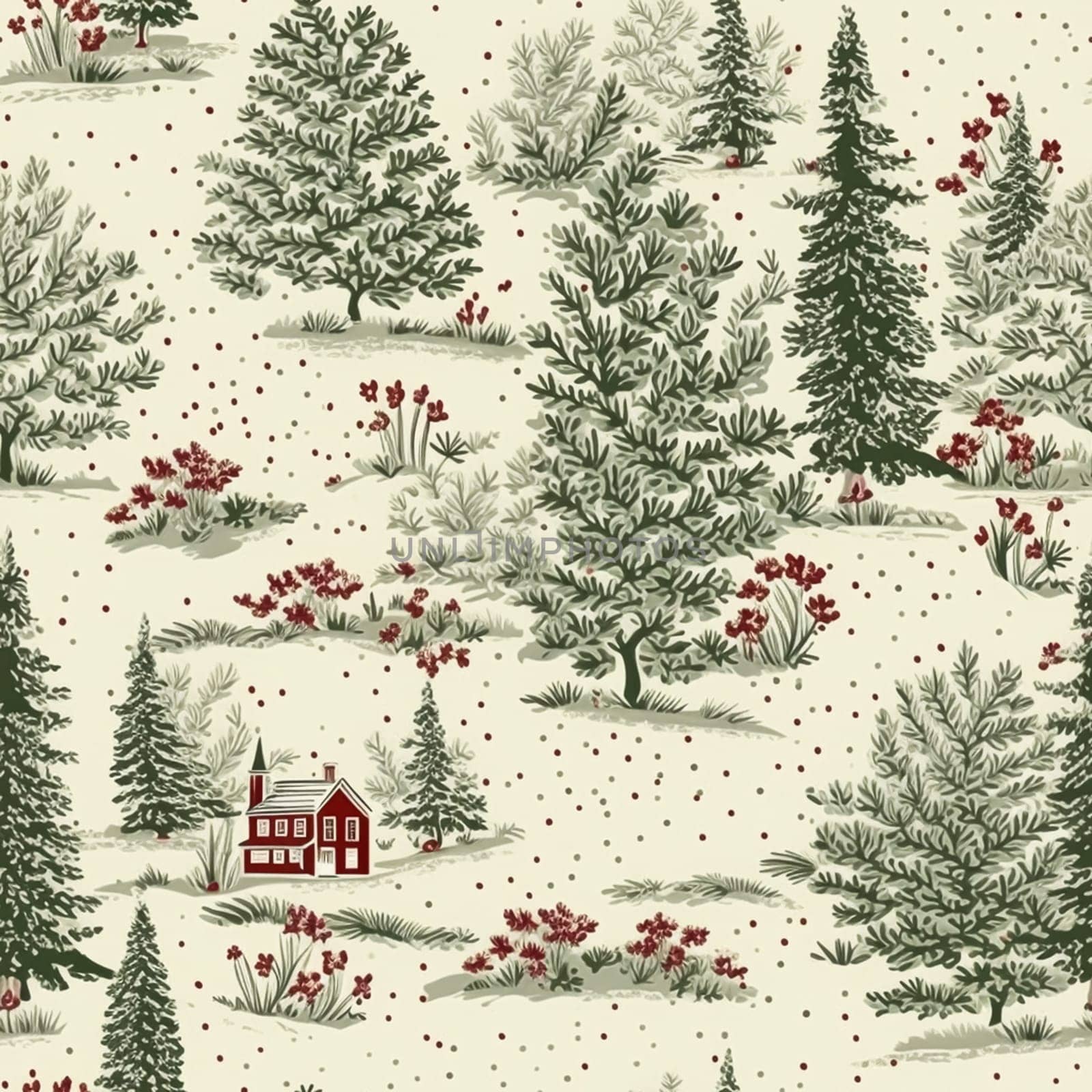 Seamless pattern, tileable holiday cottage in the forest country print, English countryside for wallpaper, wrapping paper, scrapbook, fabric and product design idea