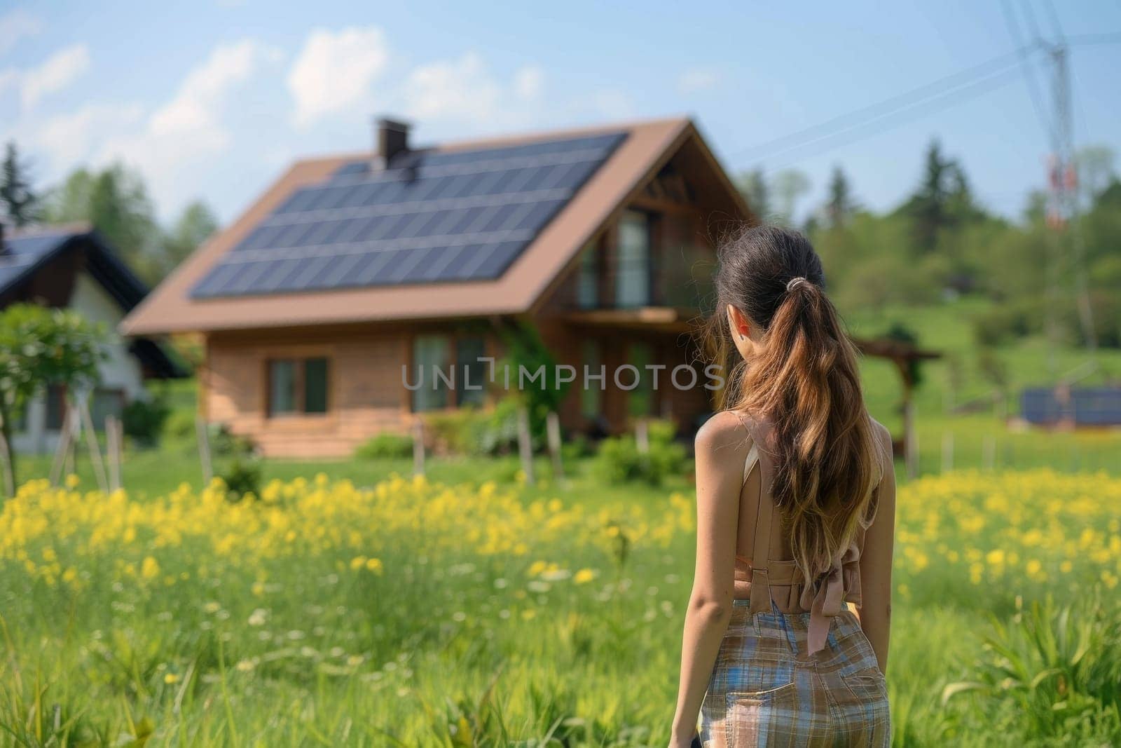 Modern Family using house with solar panels. Alternative energy, saving resources and sustainable.