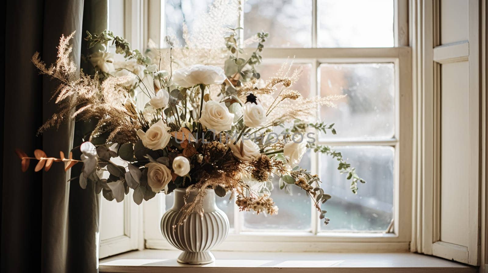 Beautiful floral arrangement with winter, autumn or early spring botanical plants and flowers