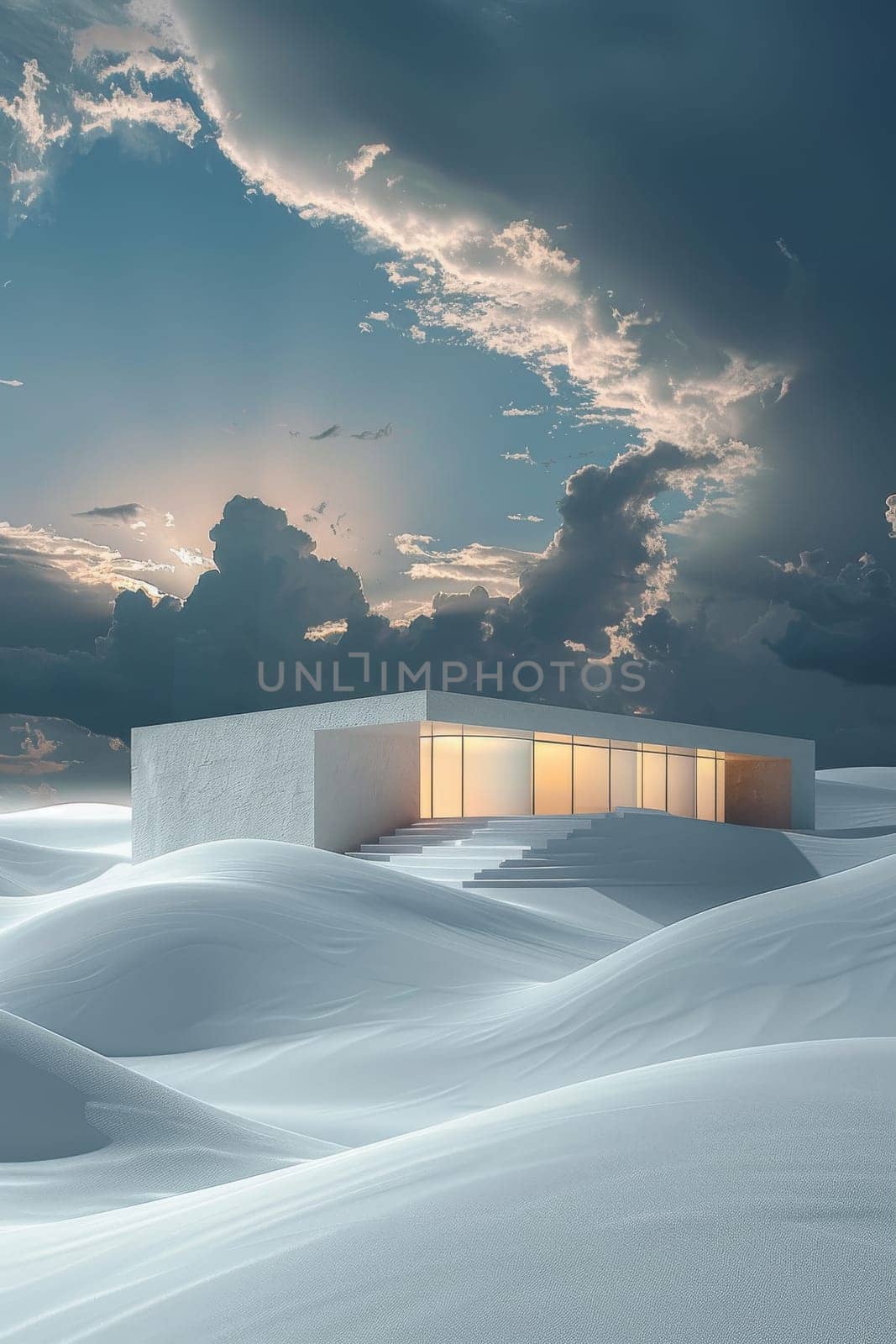 A small white house is on a snowy hill. The sky is cloudy and the sun is setting