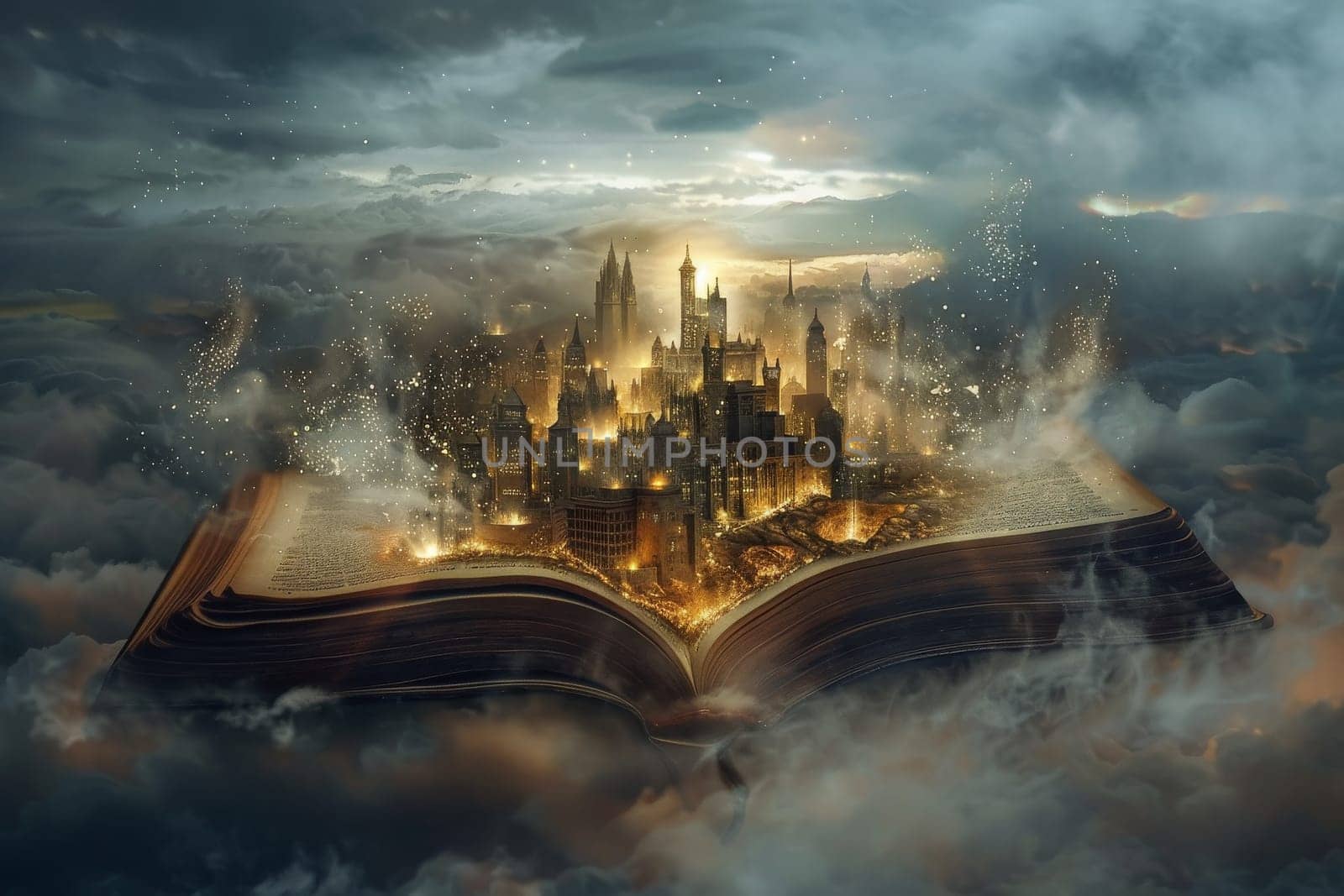 A city is shown in the middle of a book, with a large open book on top of it. The city is illuminated with lights, giving it a warm and inviting atmosphere. The scene is reminiscent of a fantasy world