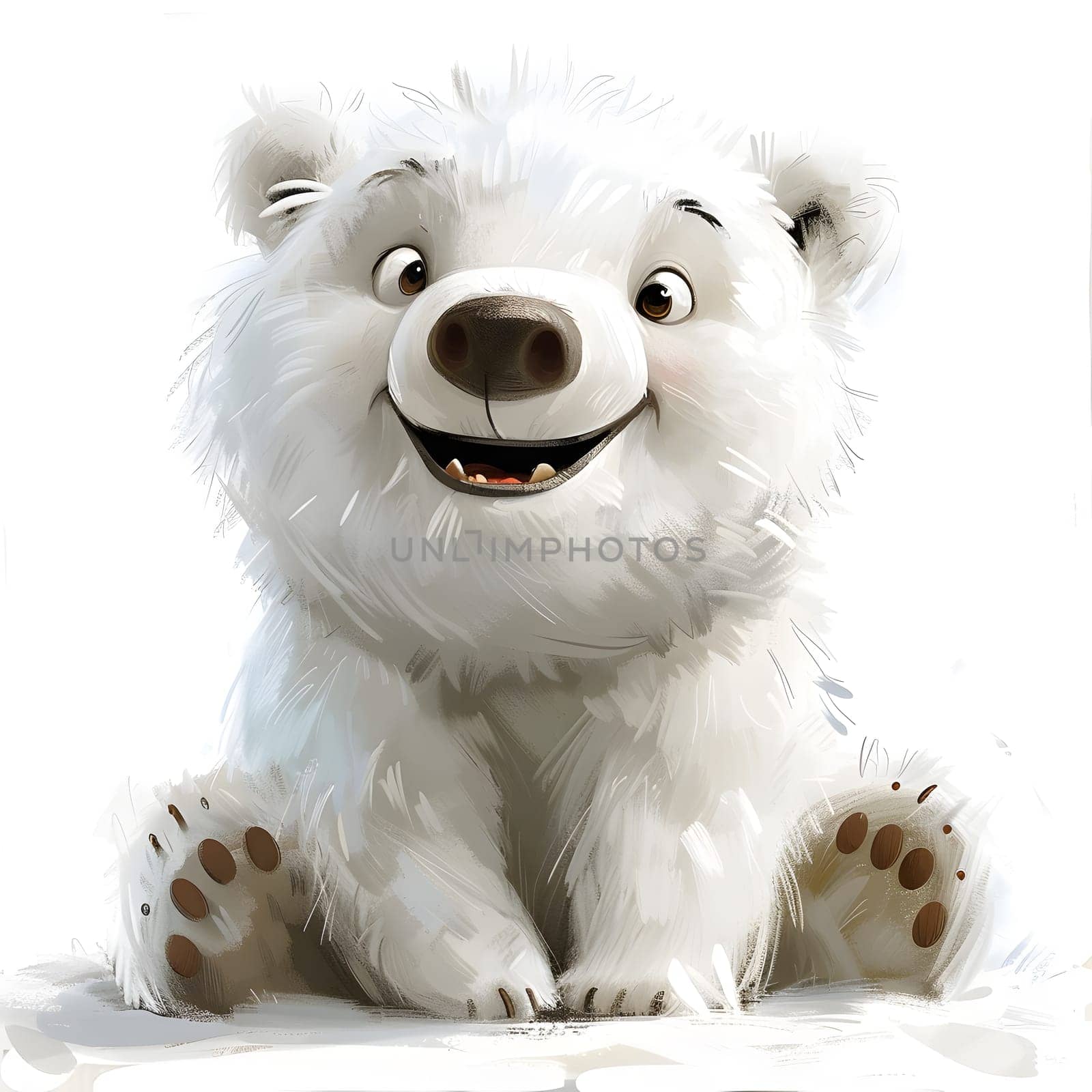 A carnivore polar bear sits in the snow smiling, with a stuffed toy in its paws. Its happy expression is accentuated by its snout and whiskers, creating a heartwarming scene