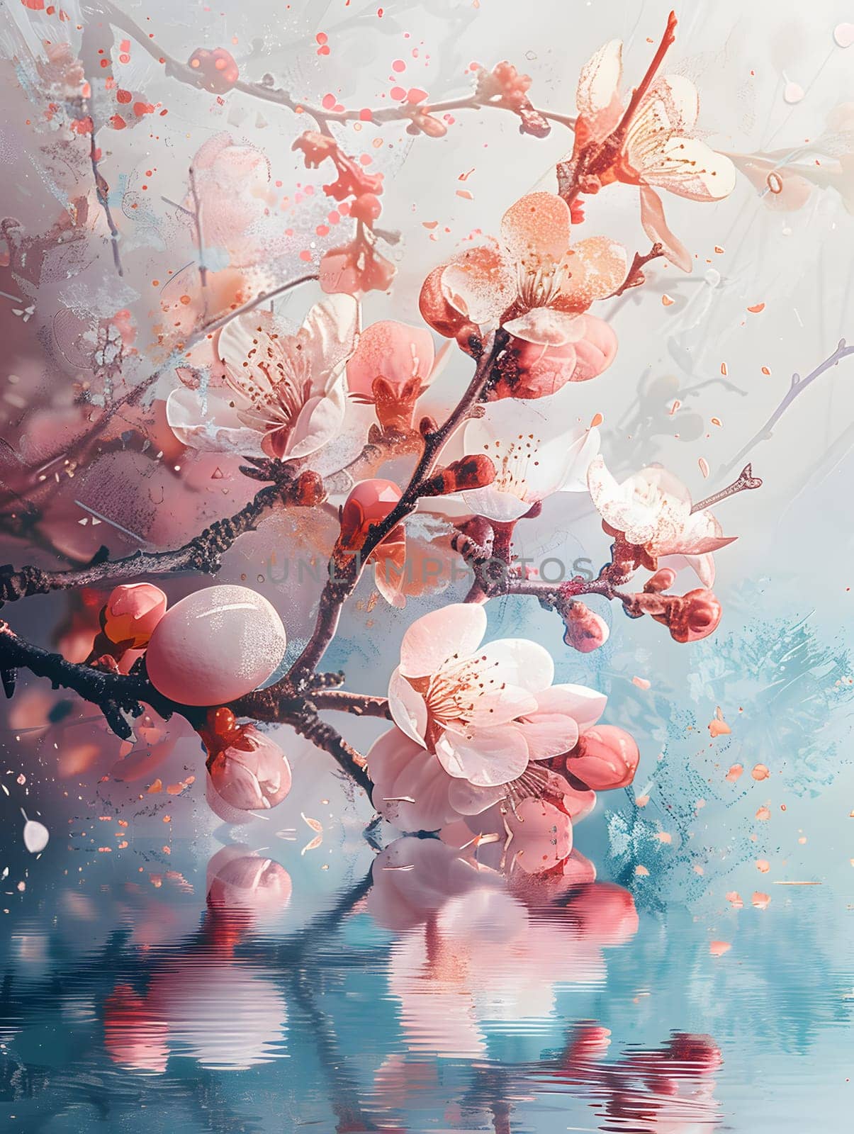 An art piece depicting a flowering cherry blossom tree with a mix of pink and white petals, showcasing the beautiful tints and shades of nature