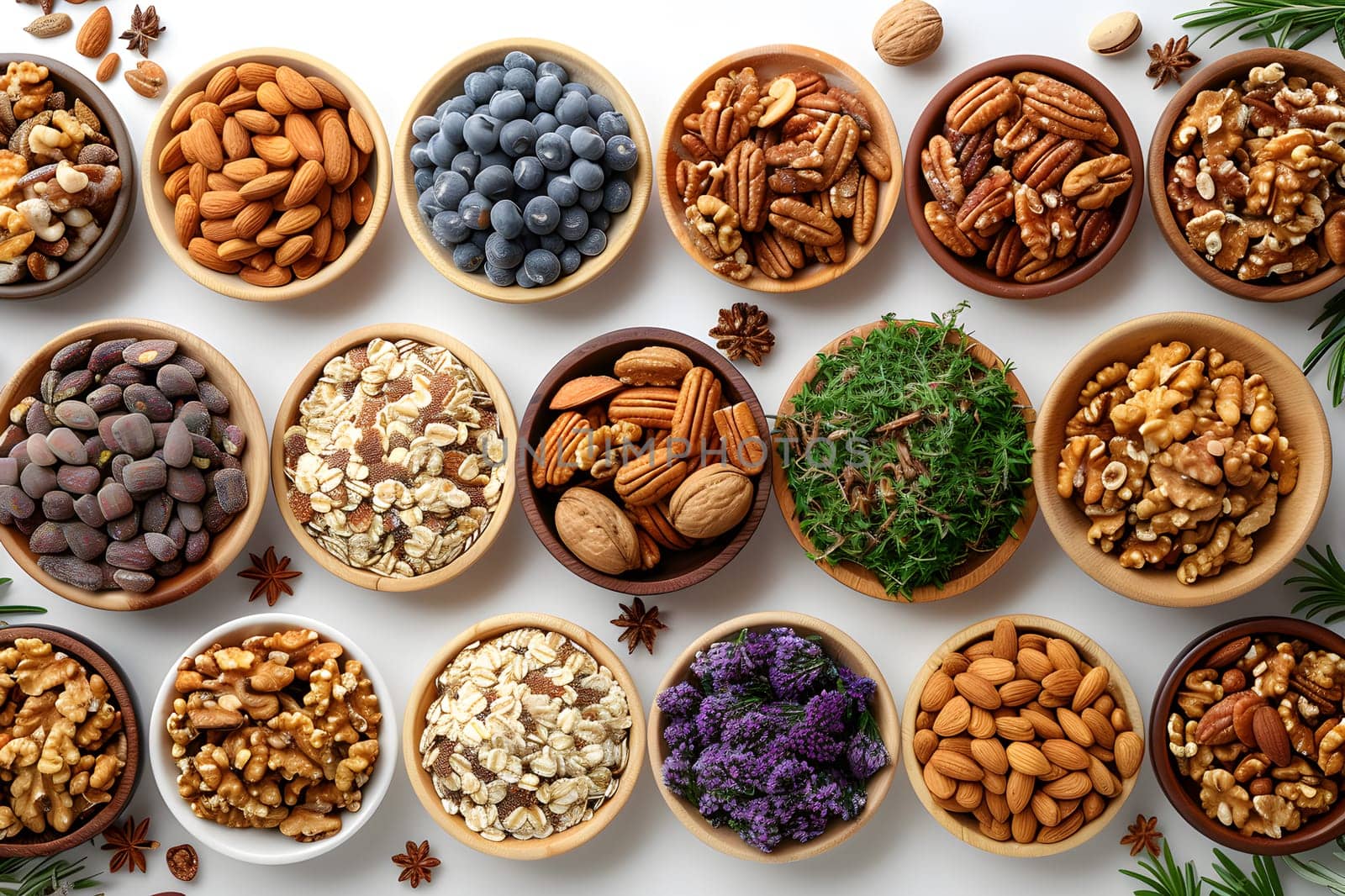 A selection of nuts and berries displayed in bowls on a table, perfect for snacking or adding to dishes as a superfood ingredient