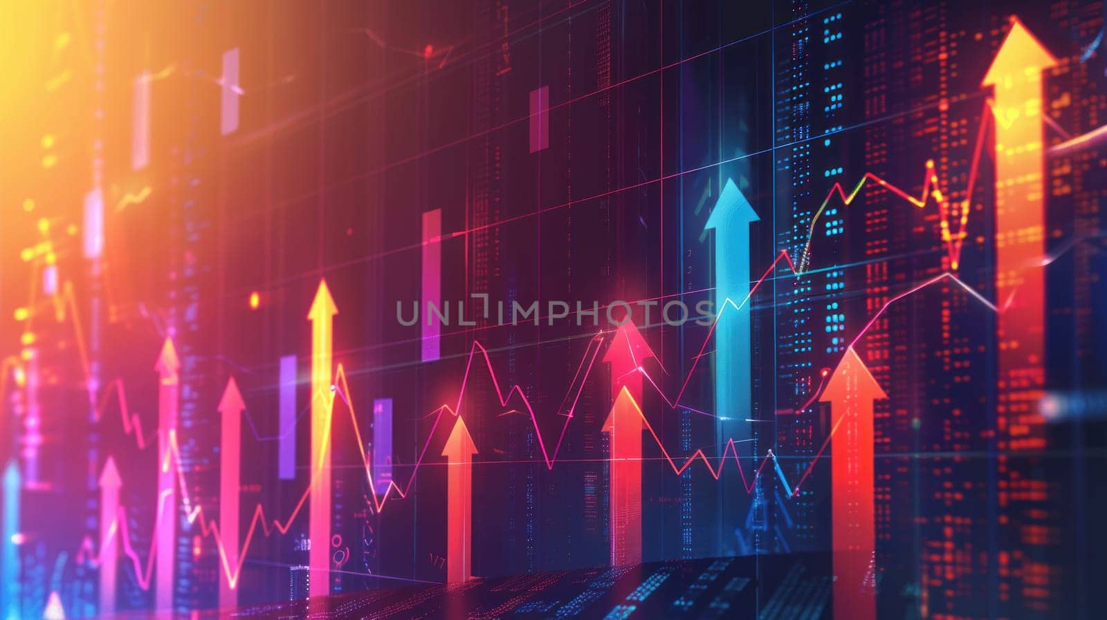 A sleek financial chart with rising bars and arrows set against a dark gradient background.