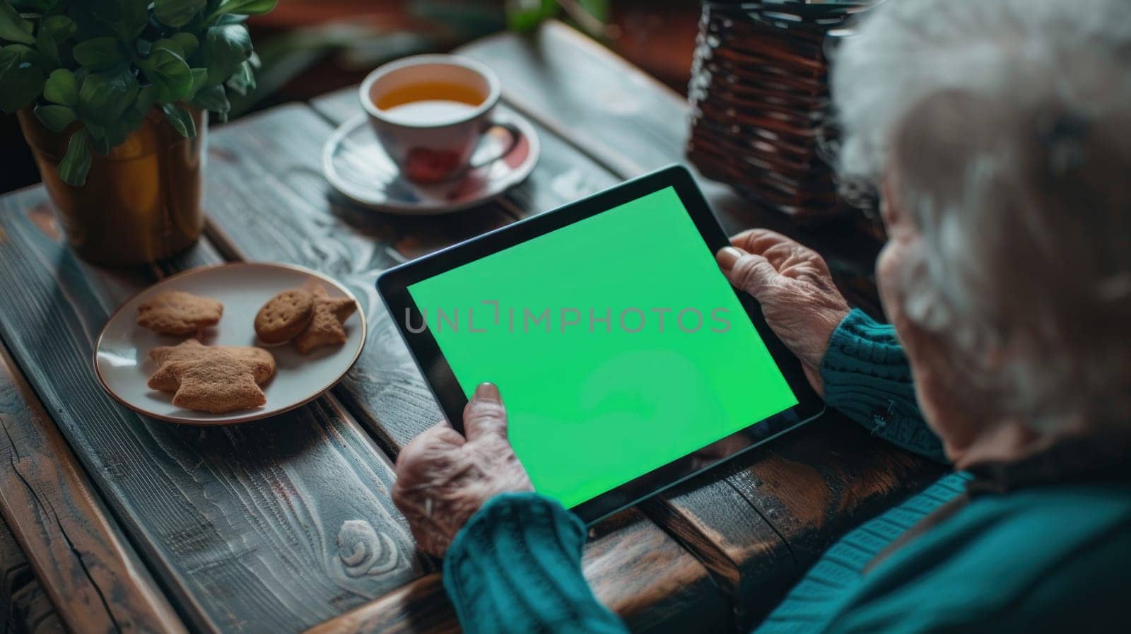 Close-Up of Tablet with Green Screen Held by Old Woman Leaning Against Table with Cup of Tea and Cookies Concept Technology and Comfort.