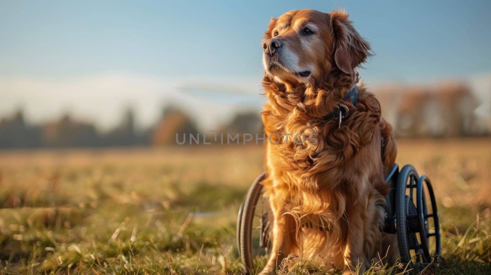 Dog in Wheelchair Posing Proudly in Field with Clear Blue Sky Background Concept Perseverance and Happiness.