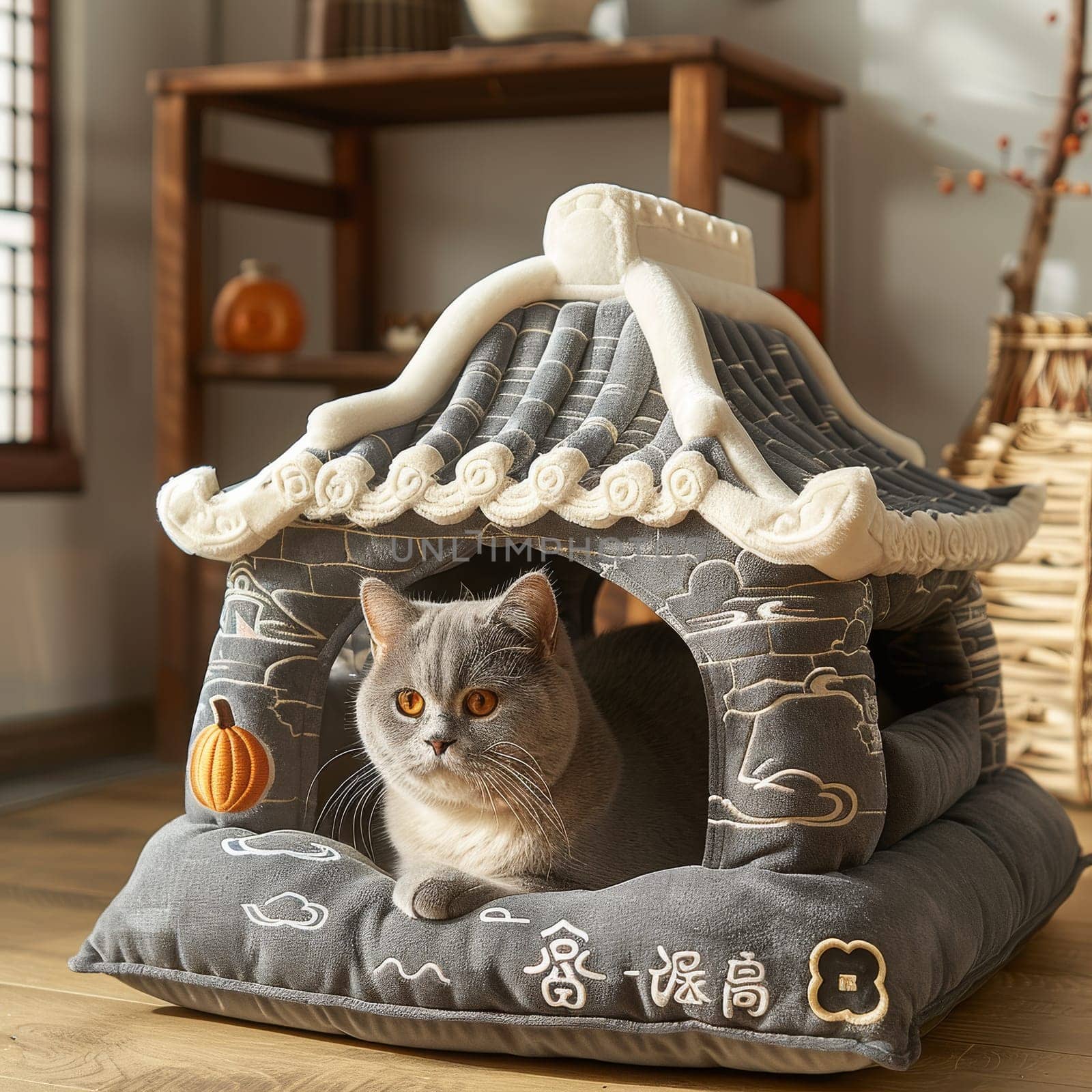 Cute cat in comfortable cat house has an ancient style.