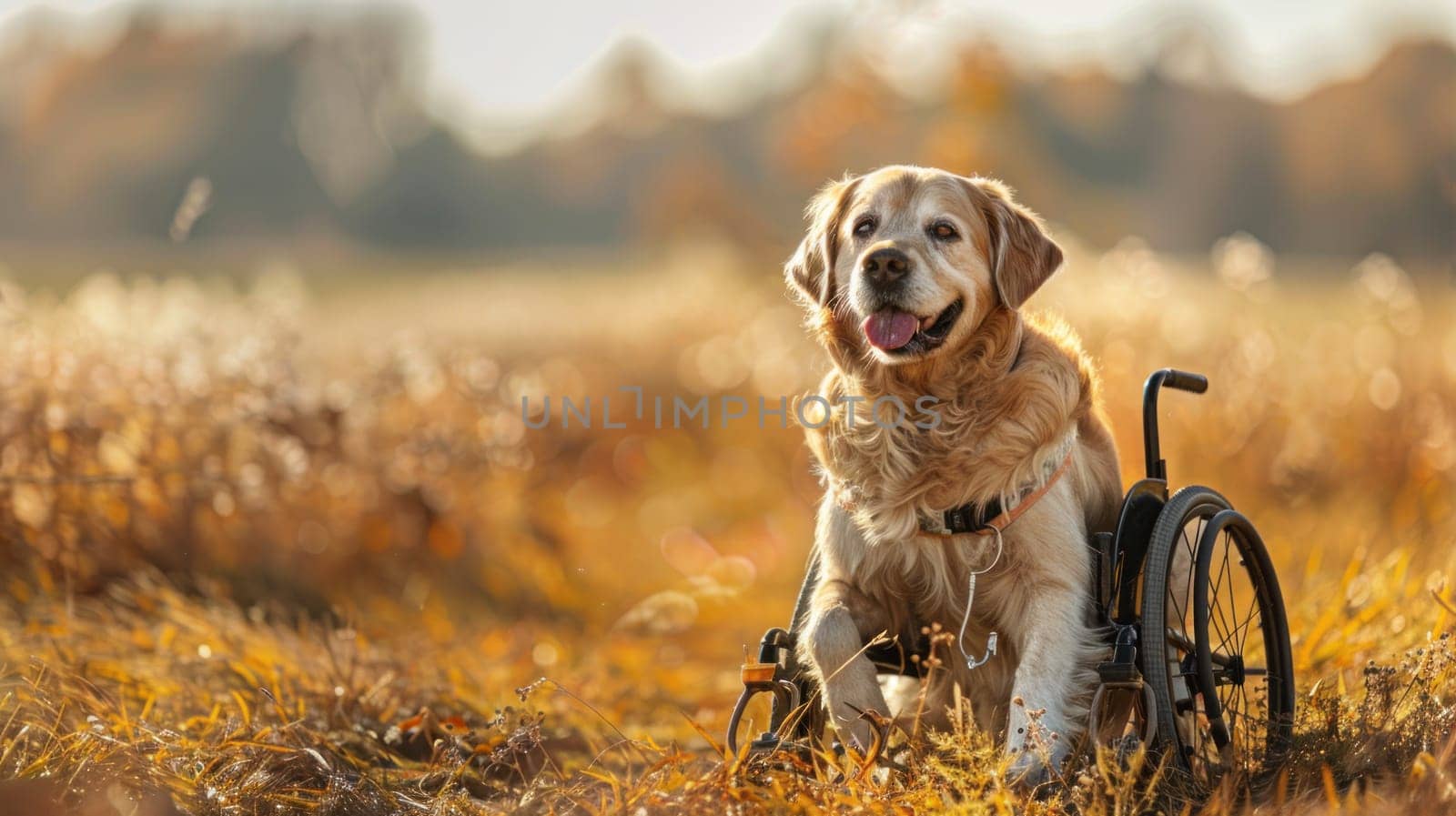 Dog in Wheelchair Posing Proudly in Field with Clear Blue Sky Background Concept Perseverance and Happiness.