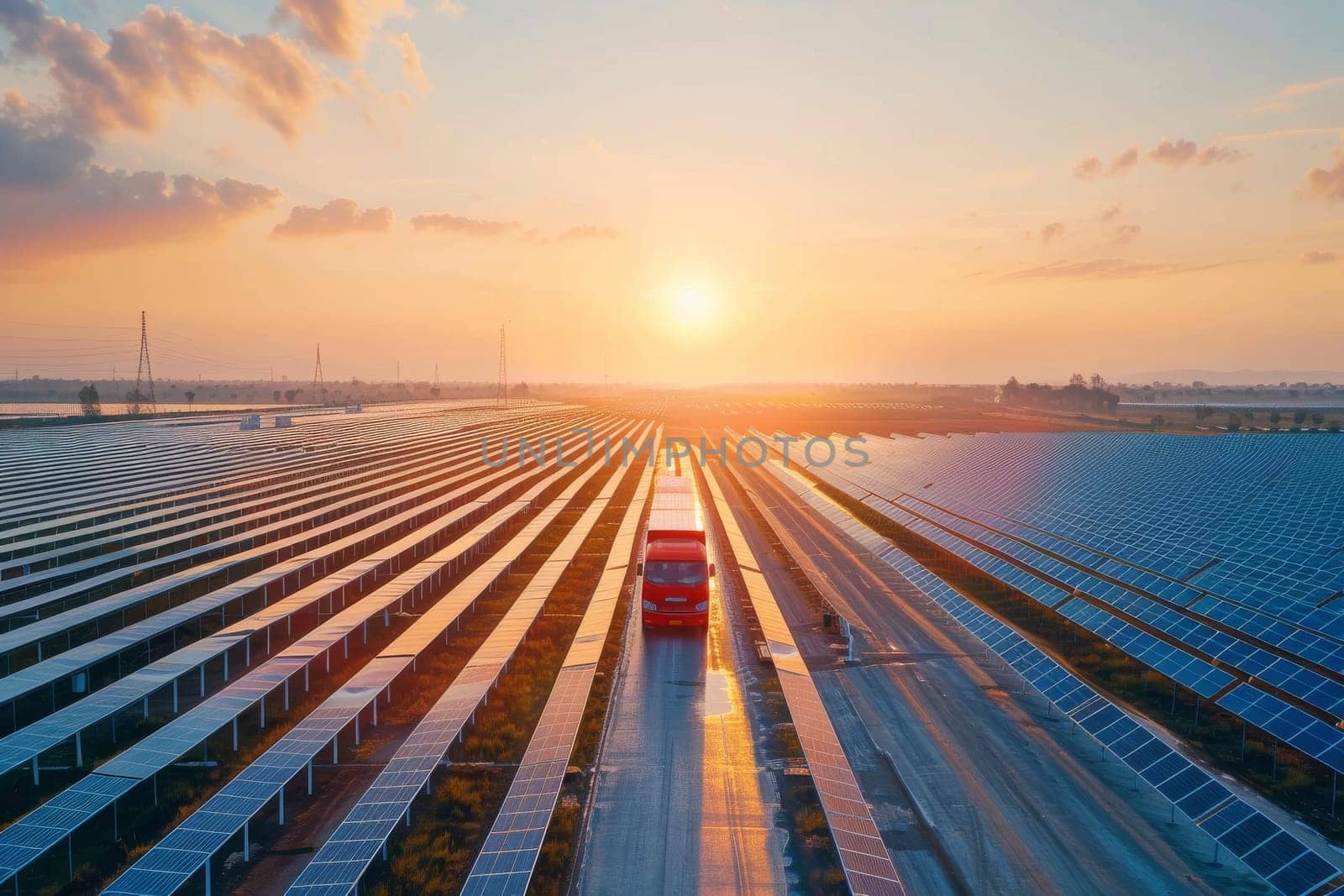 Solar panel and Solar energy farm. Renewable and green energy.