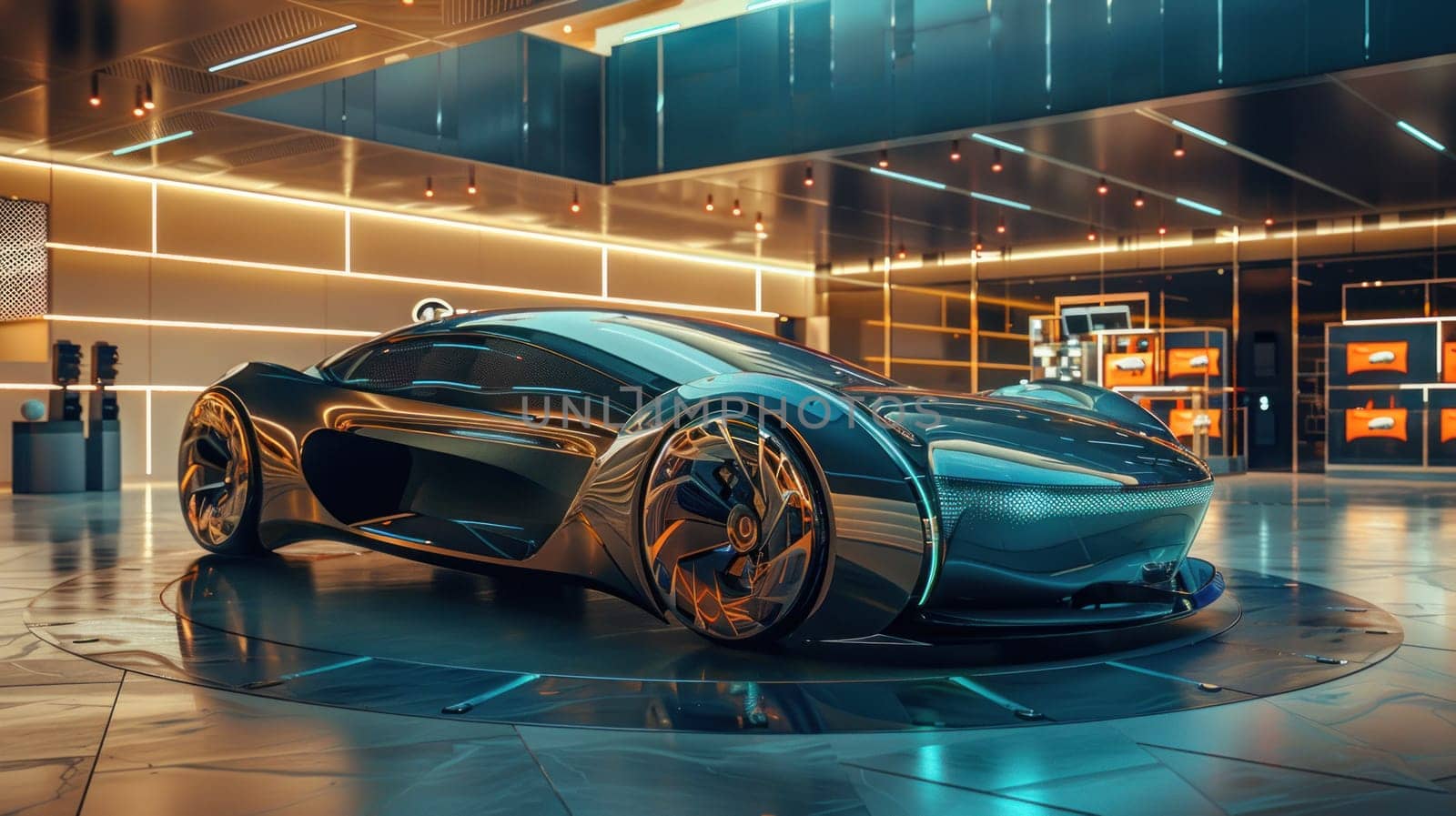 Asymmetrical Car Concept Displayed in Futuristic Showroom Emphasizing Radical Design and Technological Advancements Concept Cutting-Edge Automotive Innovation.